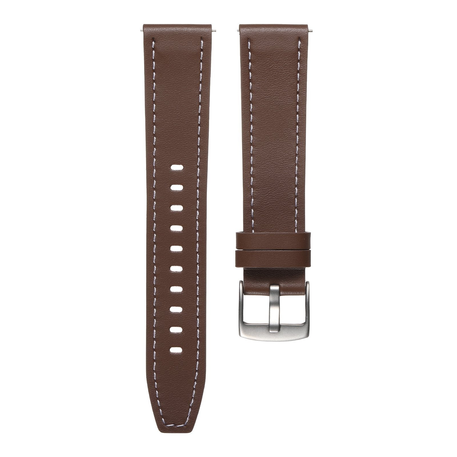 Zwei braune Lederarmbänder mit weißen Nähten auf weißem Hintergrund. Eines hat eine Schnalle.