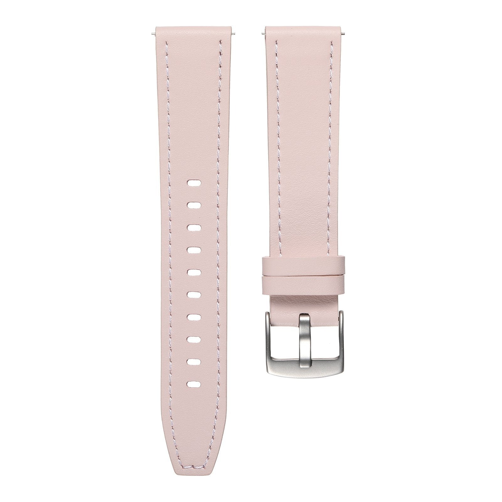 Zwei hellrosa Uhrenarmbänder vor weißem Hintergrund. Ein Band hat eine silberne Schnalle. Beide sind mit Nähten versehen.