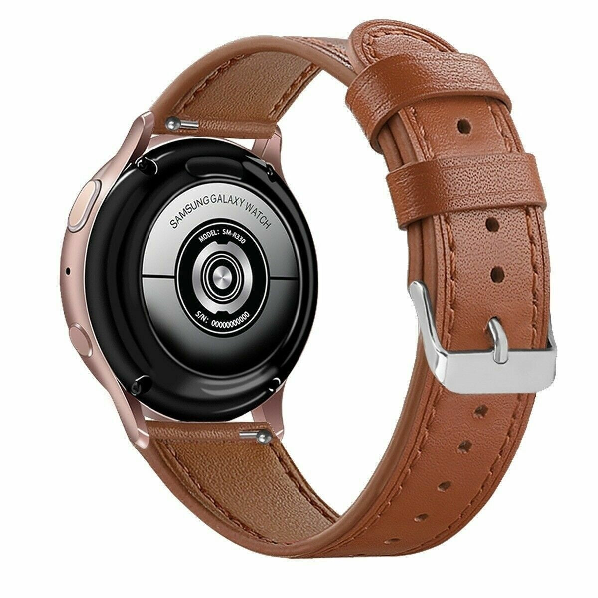 Eine Samsung Galaxy Watch mit braunem Lederarmband. Das Zifferblatt ist schwarz mit silbernen Details. Das Armband hat eine silberne Schnalle.