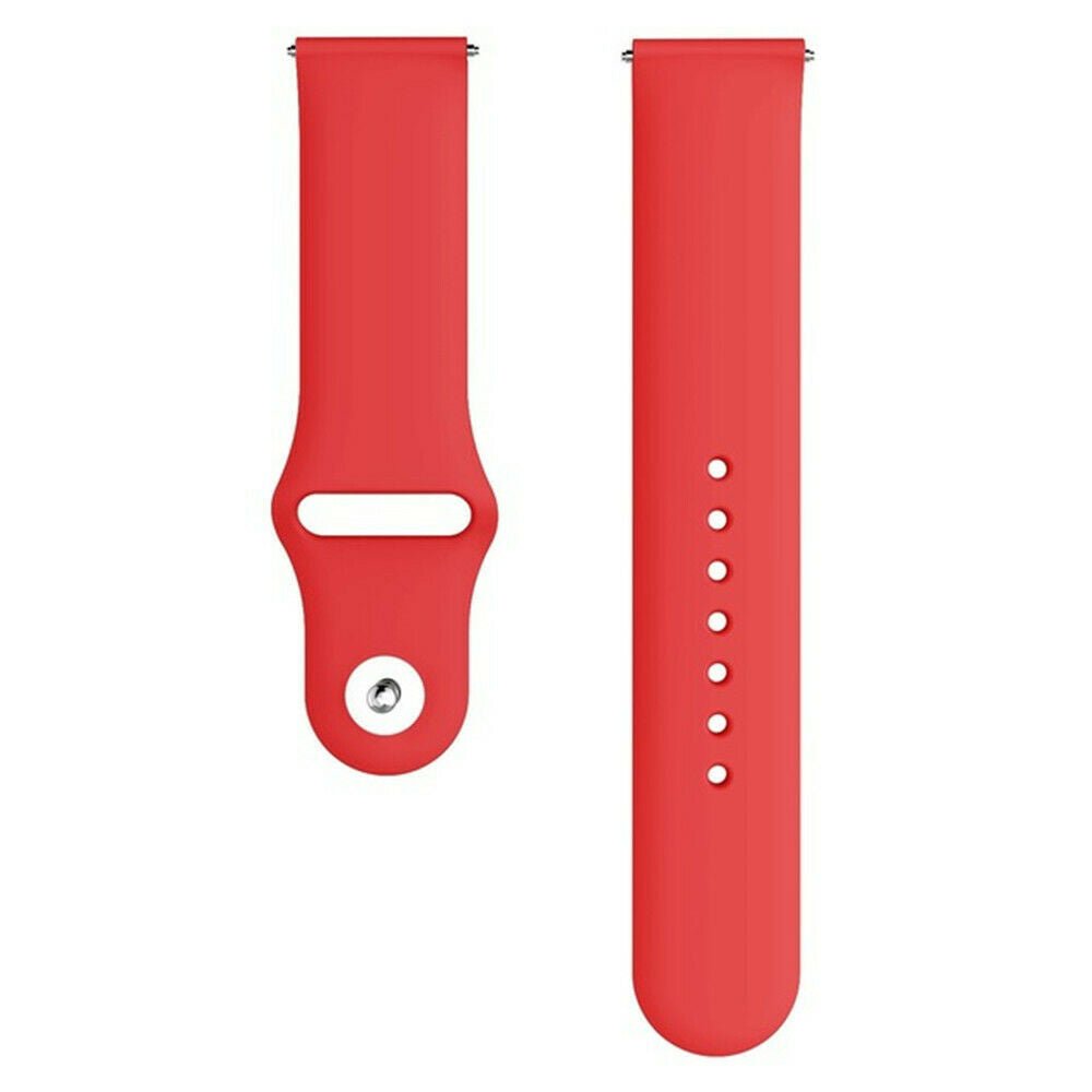 Zwei rote Uhrenarmbänder auf weißem Hintergrund. Eines hat ein Loch und einen Verschluss, das andere Einstelllöcher.