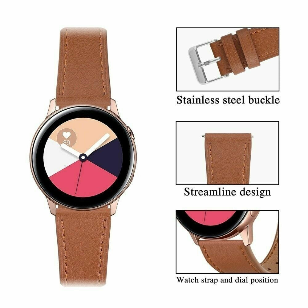 Eine braune Smartwatch mit Lederarmband, farbigem Display und Edelstahlschnalle. Details der Uhr und des Armbands werden angezeigt.