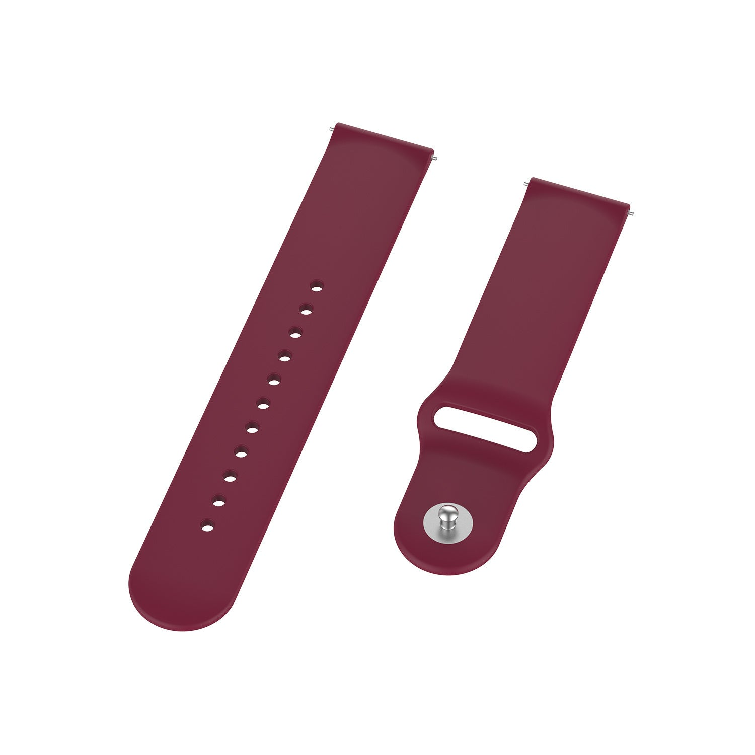 Zwei weinrote Uhrenarmbänder auf weißem Hintergrund. Eines hat Löcher, das andere einen Verschluss. Beide sind abgewinkelt.