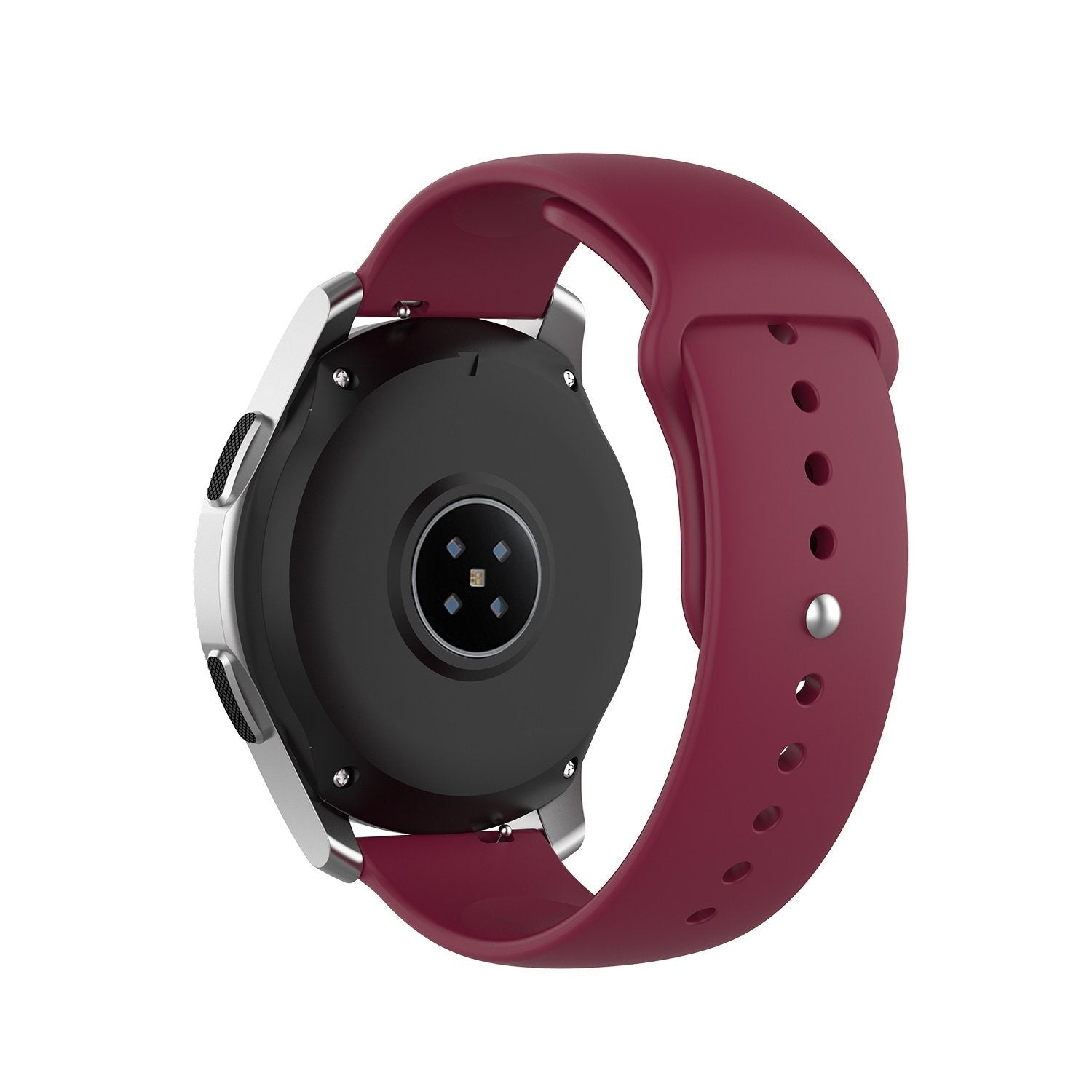 Eine Smartwatch mit silbernem Gehäuse und einem weinroten Armband. Die Rückseite ist schwarz und das Armband hat mehrere Verstelllöcher.