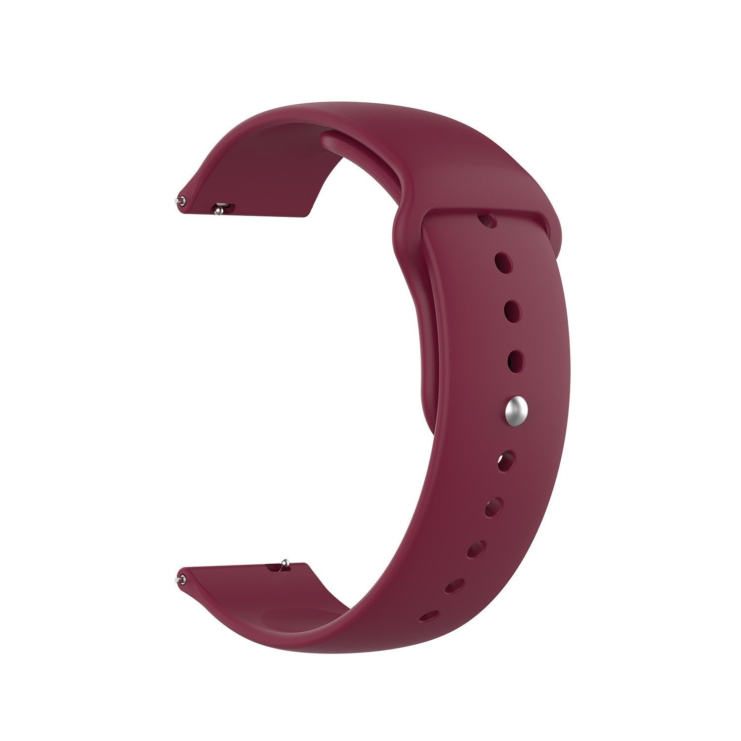 Ein weinrotes Uhrenarmband ist auf weißem Hintergrund gebogen. Es hat Löcher und einen Metallstift zum Befestigen. Das Band ist C-förmig.