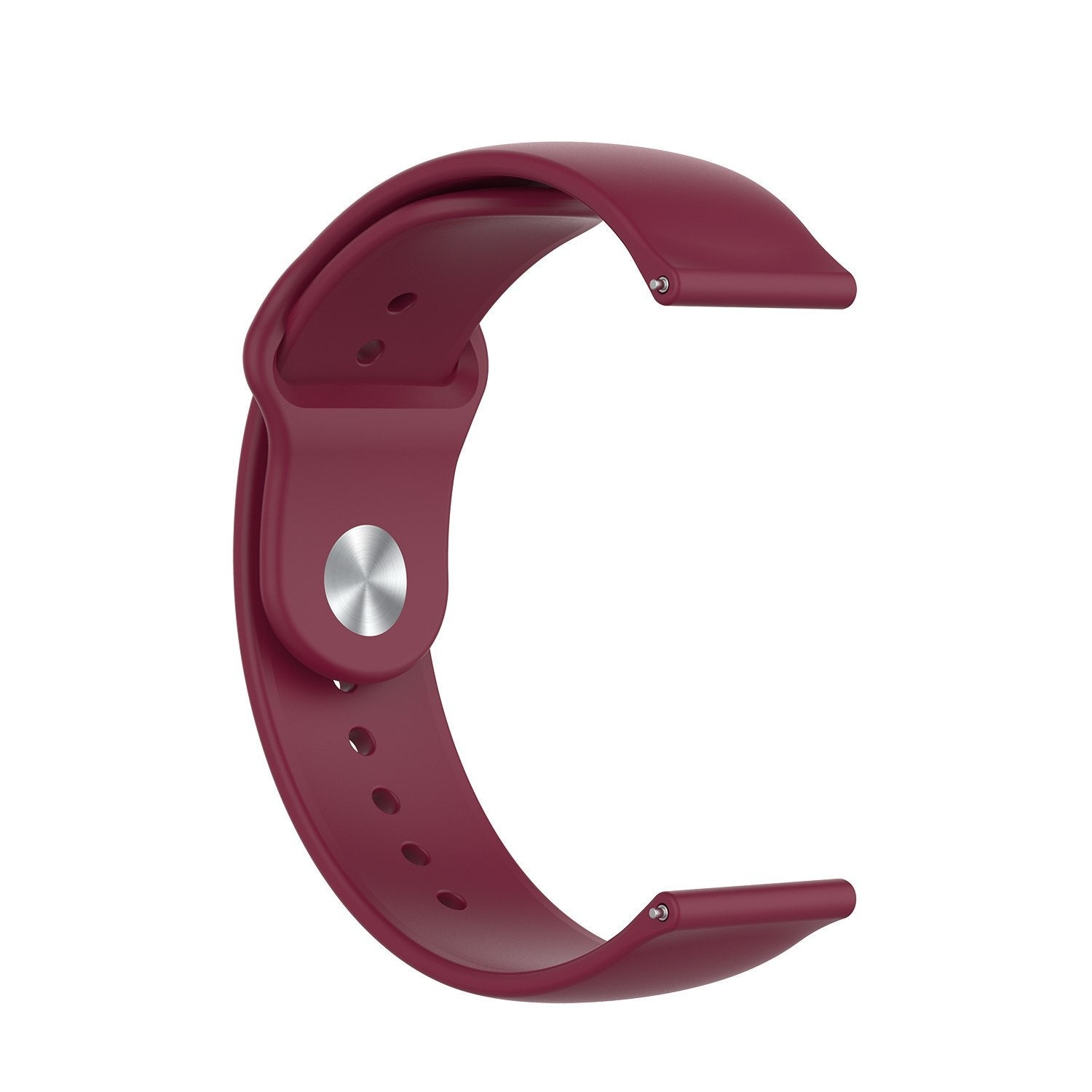 Ein burgunderfarbenes Uhrenarmband vor weißem Hintergrund. Das Armband ist gebogen und hat einen Metallverschluss.