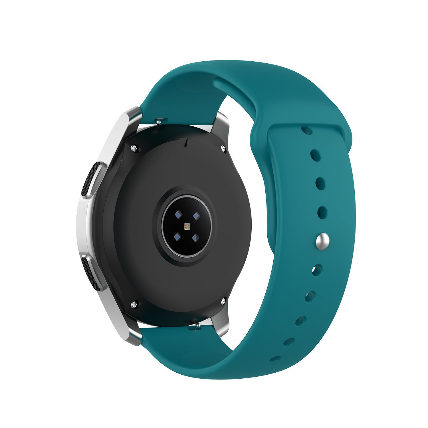 Eine türkisfarbene Smartwatch mit schwarzer Rückseite und silbernen Kanten. Das Uhrenarmband ist türkis und hat ein Lochmuster.