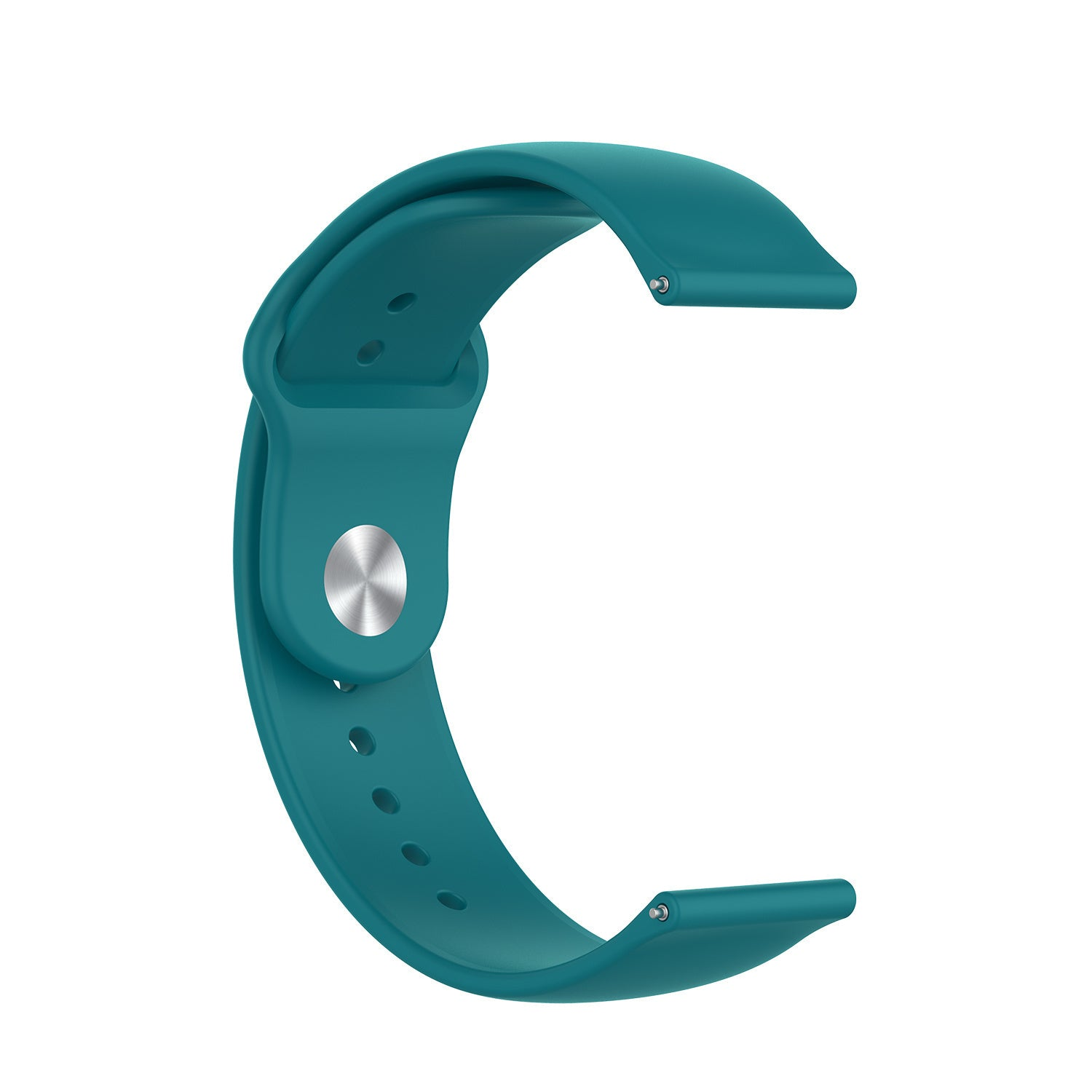 Ein türkisfarbenes Uhrenarmband wird vor einem weißen Hintergrund gezeigt. Das Armband ist gebogen und hat einen Metallverschluss. Es scheint ein neues Produkt zu sein.