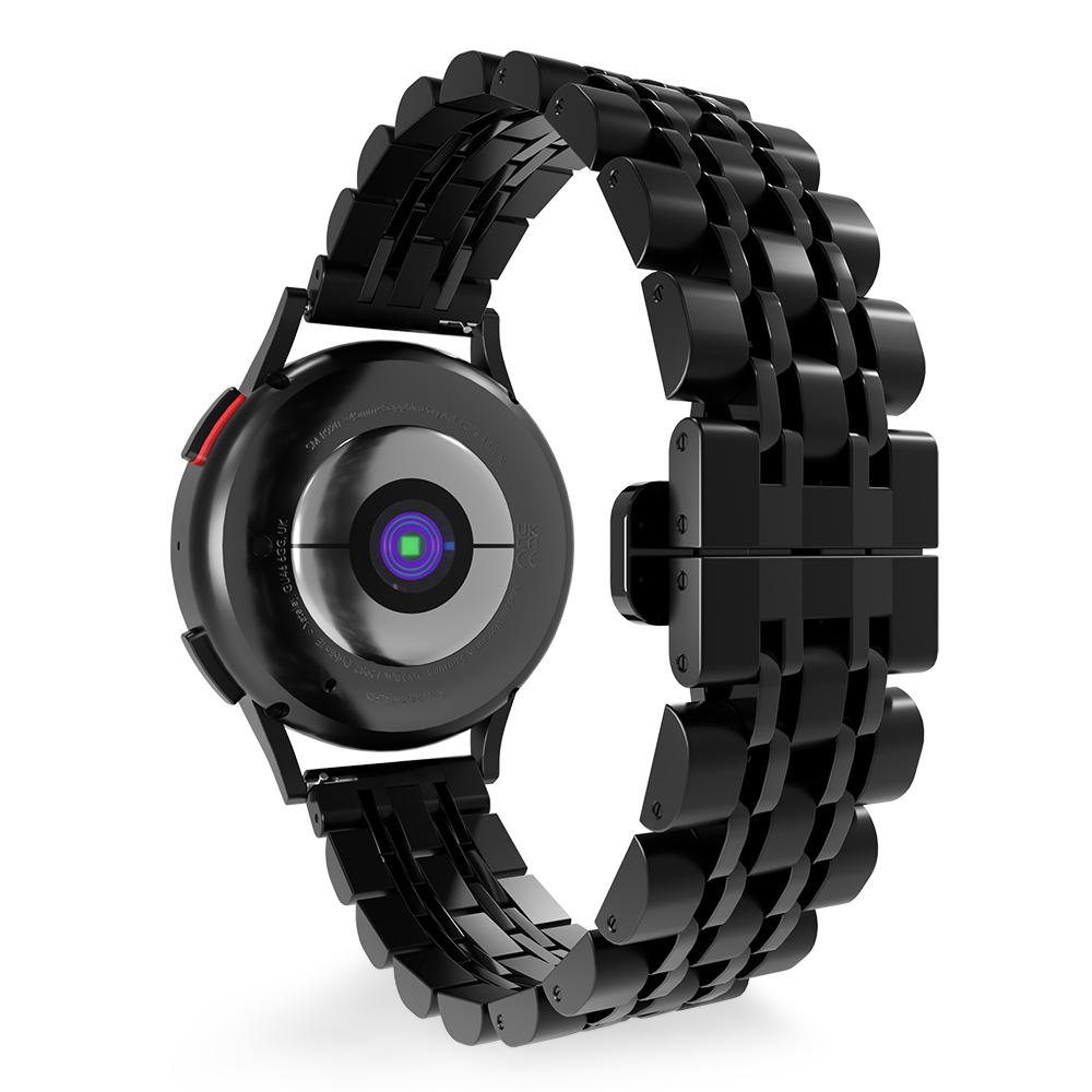 Eine schwarze Smartwatch mit einem schwarzen Metallarmband. Die Uhr hat eine rote Taste und einen Sensor auf der Rückseite. Weißer Hintergrund.