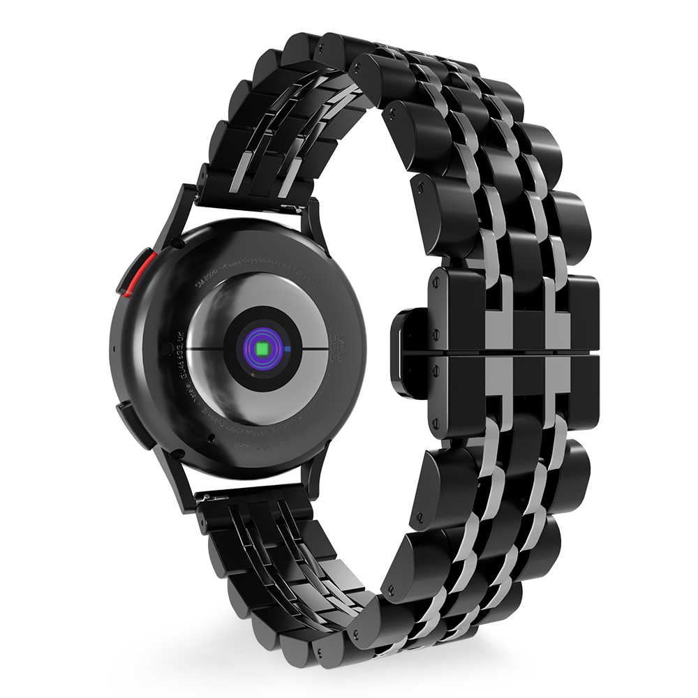 Schwarze Smartwatch mit passendem Metallarmband. Die Rückseite der Uhr hat einen Herzfrequenzsensor. Das Armband ist geschlossen.