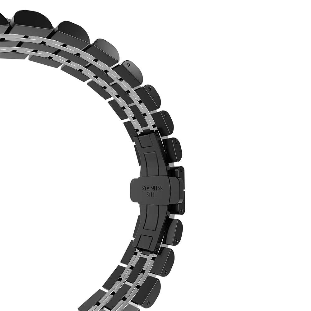 Ein teilweise sichtbares Armband aus schwarzem und silbernem Edelstahl. Der Verschluss lautet 'EDELSTAHL'. Der Hintergrund ist weiß.