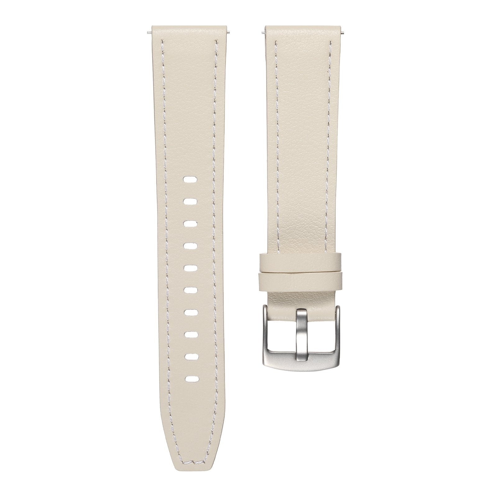 Zwei beige Leder-Uhrenarmbänder mit weißen Nähten. Das rechte hat eine silberne Schnalle.