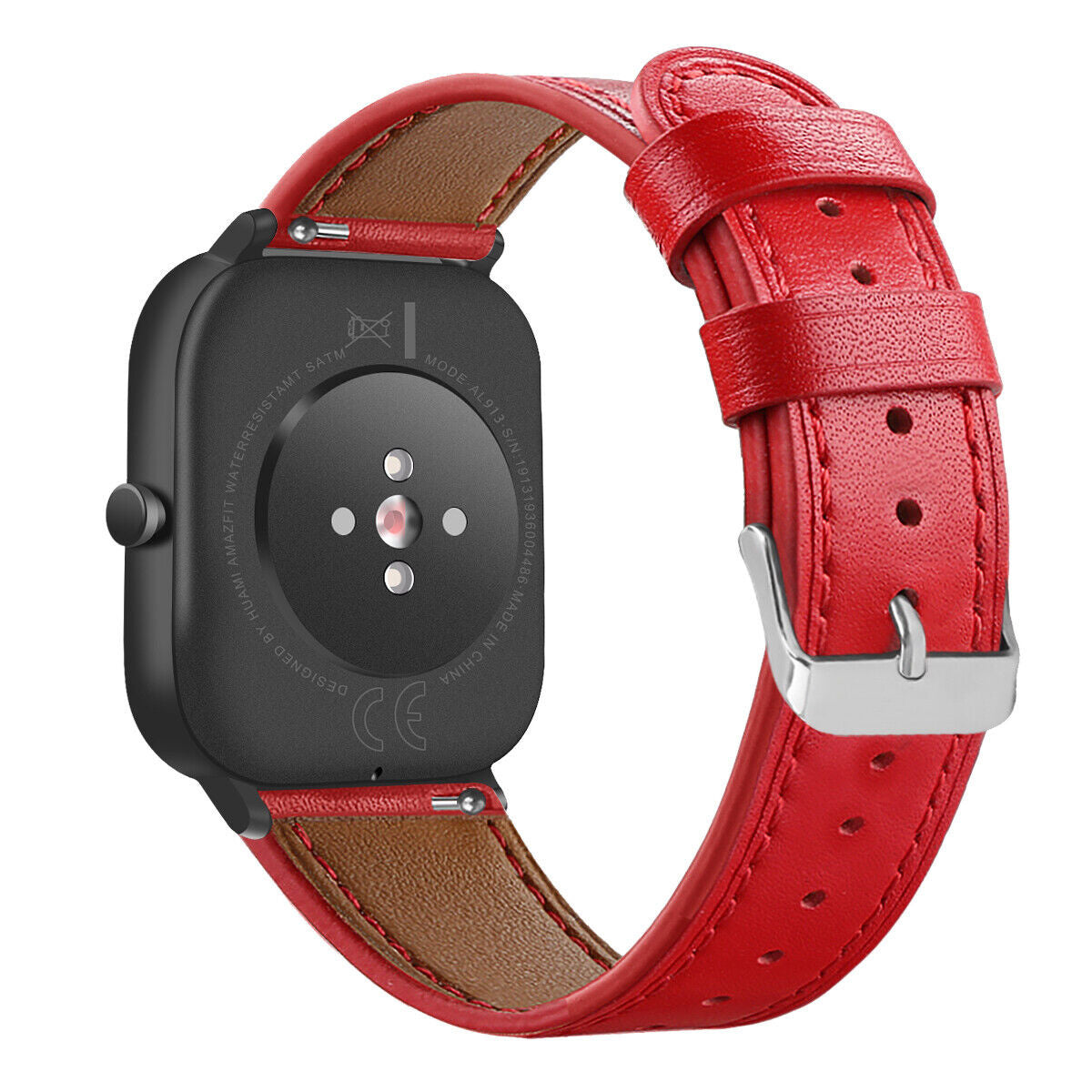Eine schwarze Smartwatch mit rotem Lederarmband. Das Zifferblatt hat Sensoren. Das Armband hat eine silberne Schnalle. Der Hintergrund ist weiß.