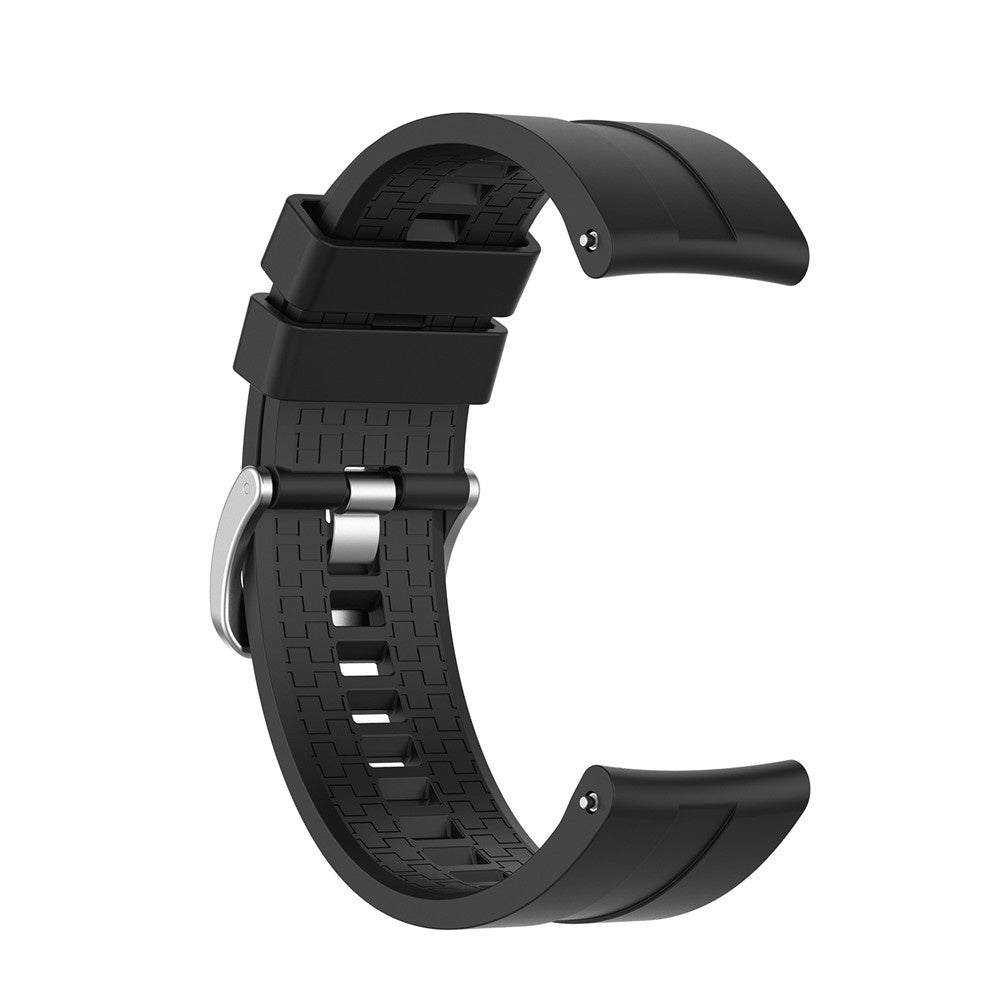 Ein schwarzes Uhrenarmband vor weißem Hintergrund. Das Band besteht aus flexiblem Material mit Metallverschluss. Das Design ist modern.