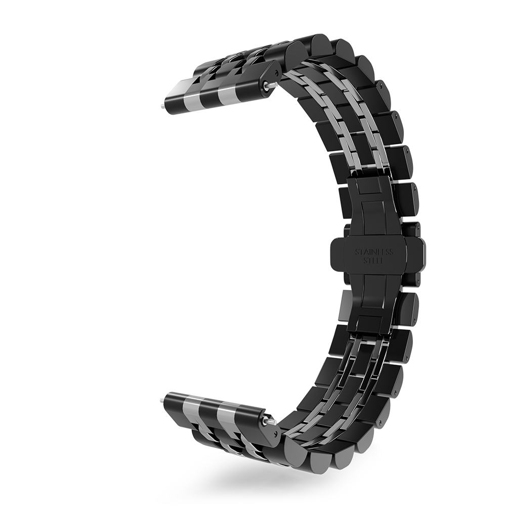 Ein gebogenes schwarzes und silbernes Uhrenarmband aus Metallgliedern. Der Verschluss ist schwarz und trägt die Aufschrift 'EDELSTAHL'.