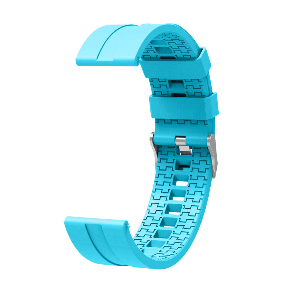 Ein hellblaues Uhrenarmband, C-förmig gebogen, mit Metallschnalle. Das Band hat ein strukturiertes Muster.