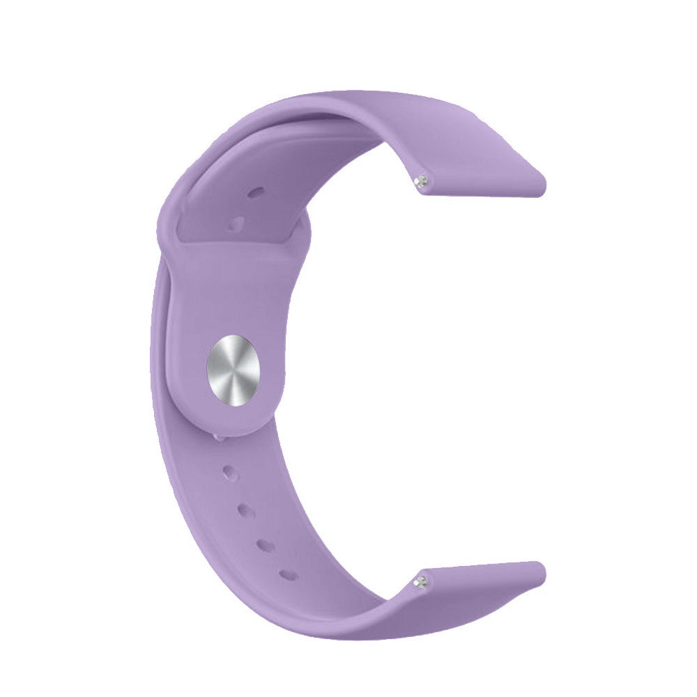 Ein lavendelfarbenes Uhrenarmband in C-Form mit einem silbernen Knopf und Löchern zur Anpassung.