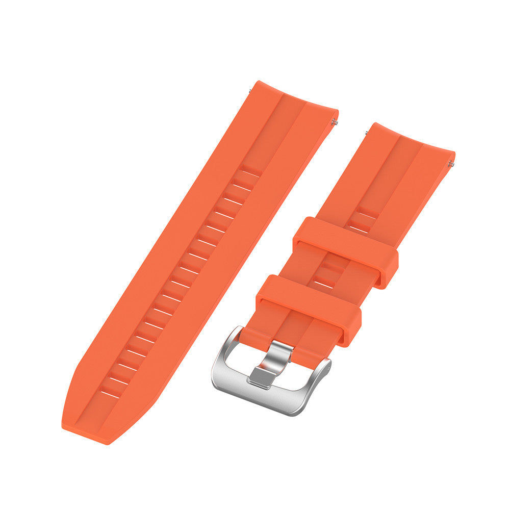 Zwei orangefarbene Uhrenarmbänder auf weißem Hintergrund. Ein Armband hat eine Schnalle, das andere Schlitze.