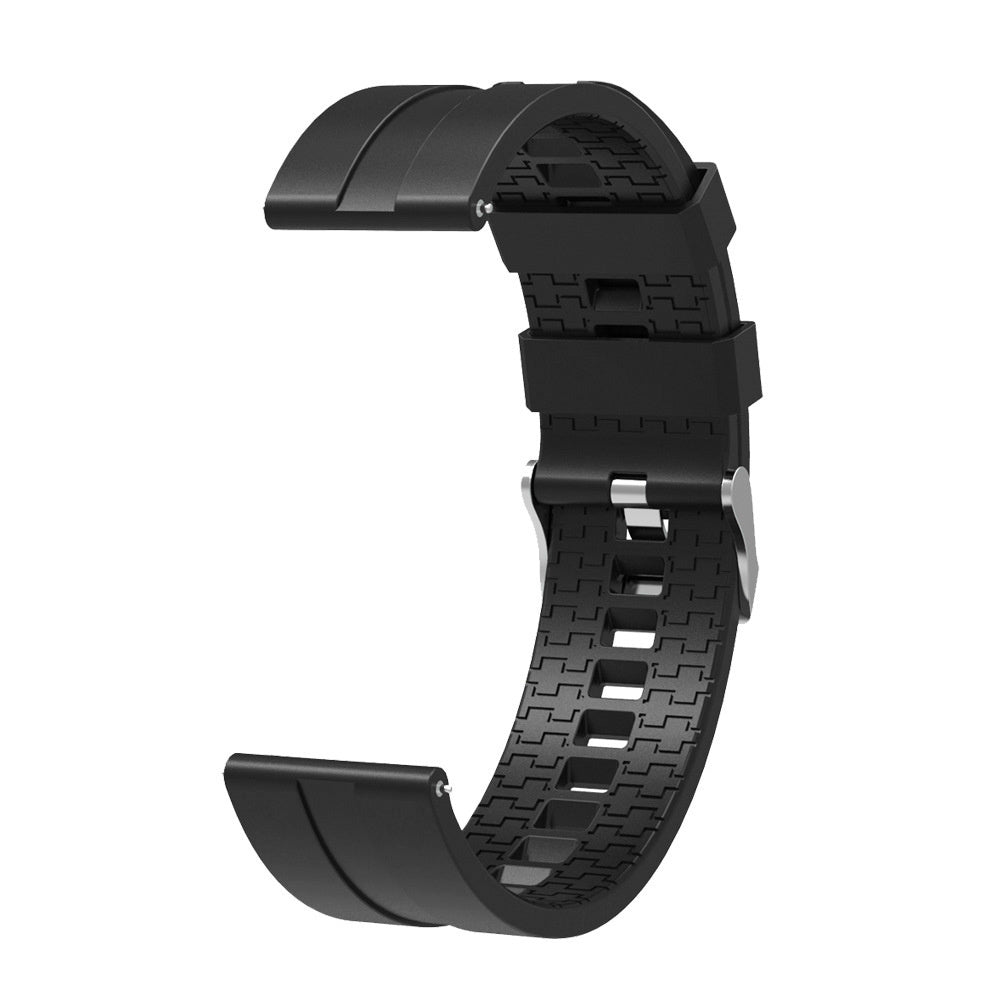 Ein schwarzes, gebogenes Uhrenarmband mit strukturiertem Muster und einer silbernen Schnalle. Der Hintergrund ist weiß.