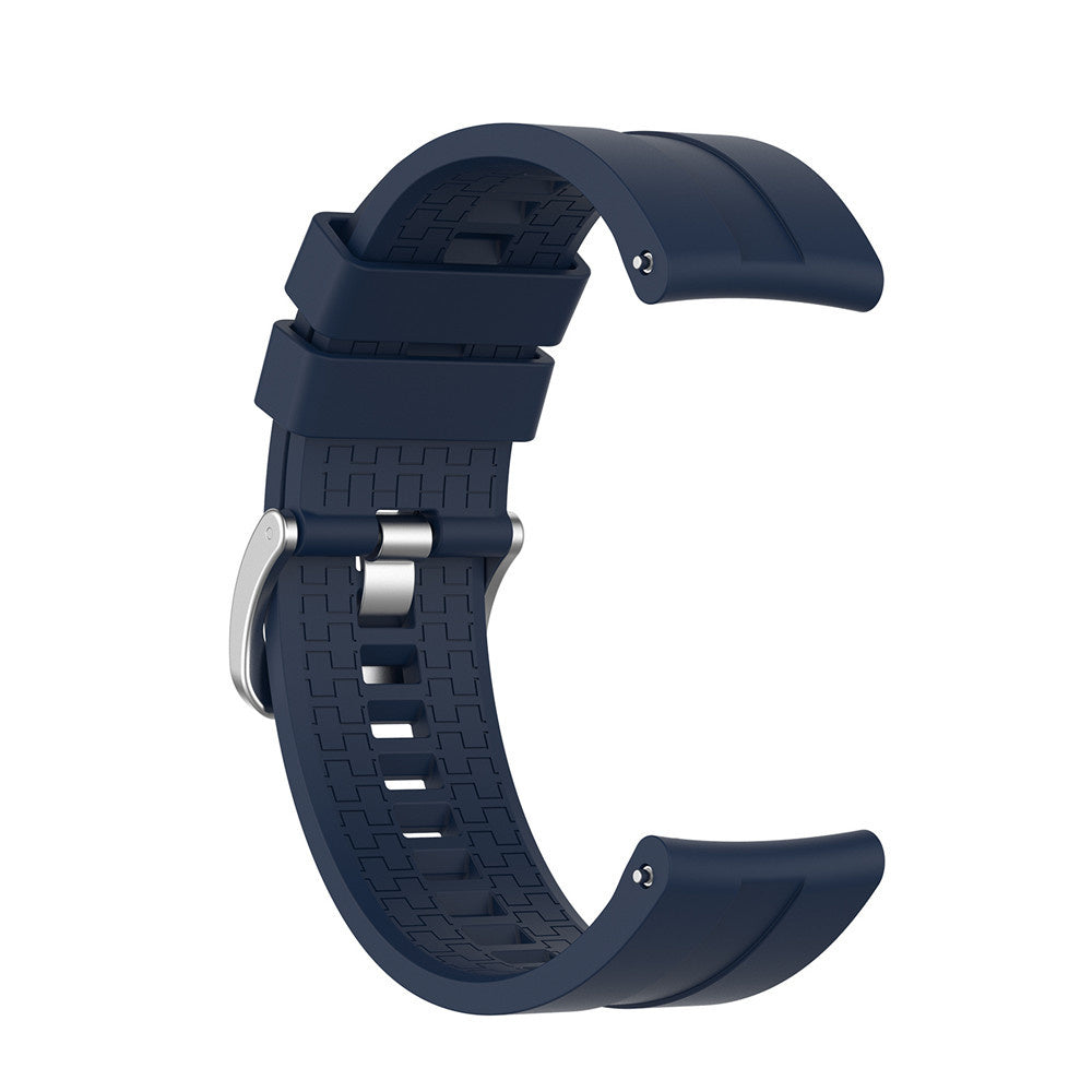 Ein marineblaues Uhrenarmband mit silberner Schnalle vor weißem Hintergrund. Das Band hat eine strukturierte Oberfläche.