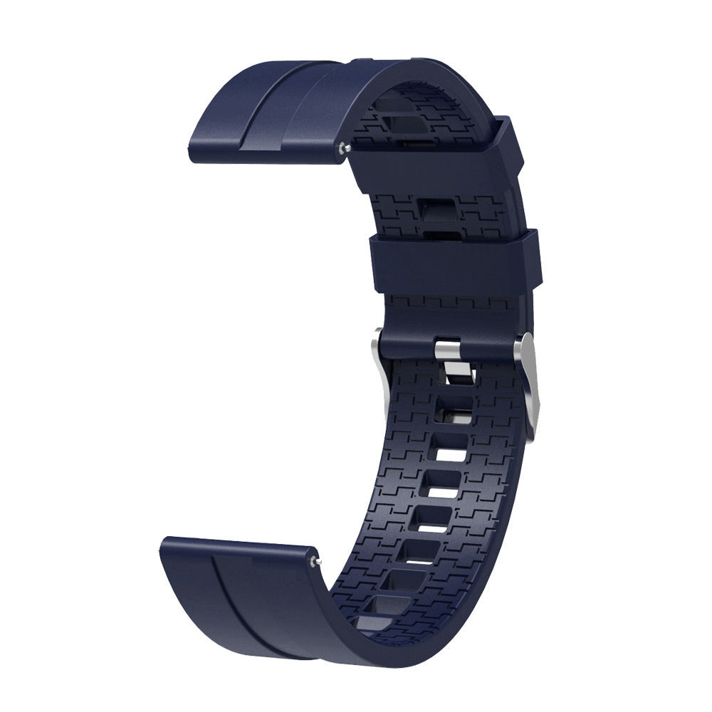 Ein dunkelblaues Uhrenarmband vor weißem Hintergrund. Es hat ein strukturiertes Muster und eine silberne Schnalle. Das Armband ist gebogen.