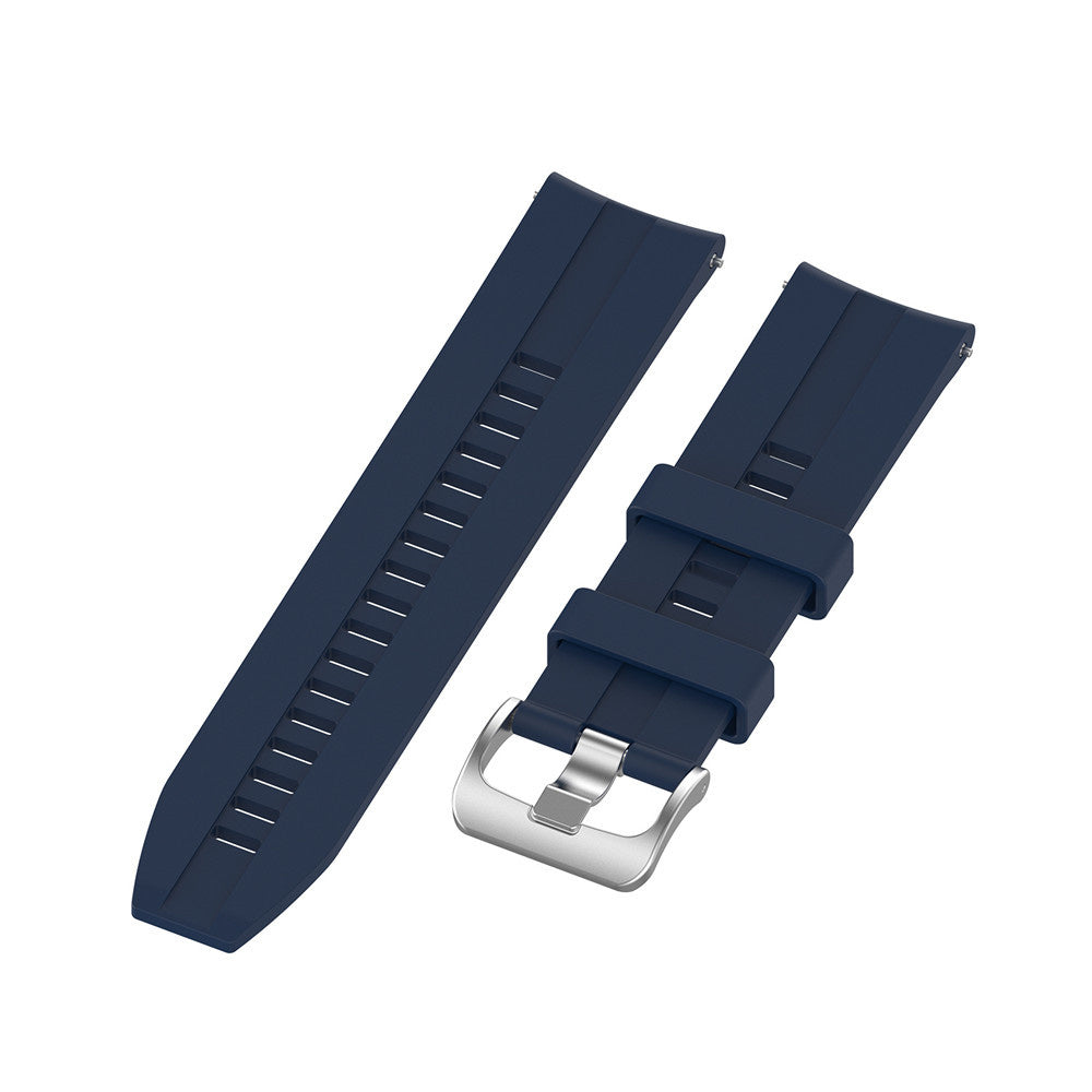 Zwei marineblaue Uhrenarmbänder. Eines lang mit Rillen, eines kurz mit Schnalle. Beide auf weißem Hintergrund.
