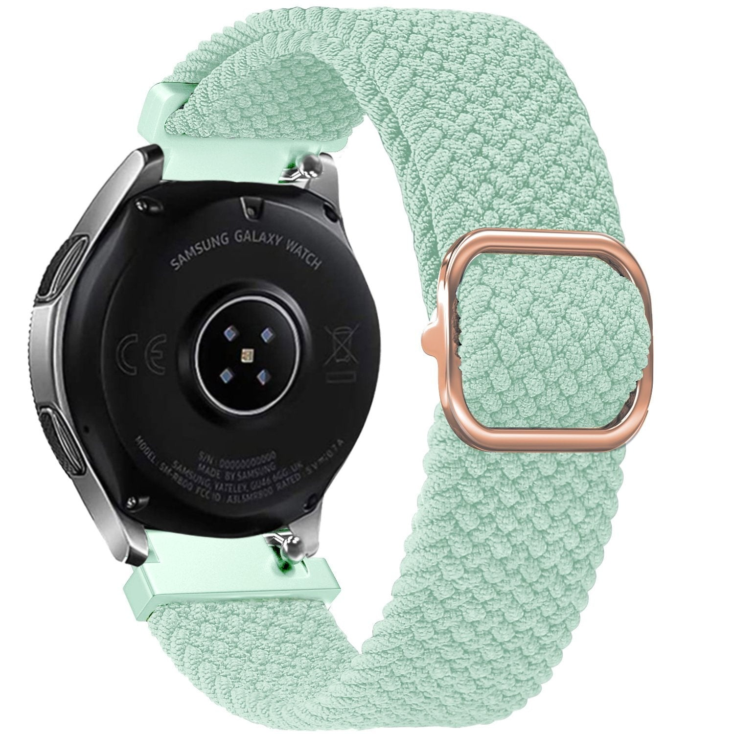 Eine Samsung Galaxy Watch mit mintgrünem Armband. Das Zifferblatt ist schwarz, und das Armband hat eine kupferfarbene Schnalle.
