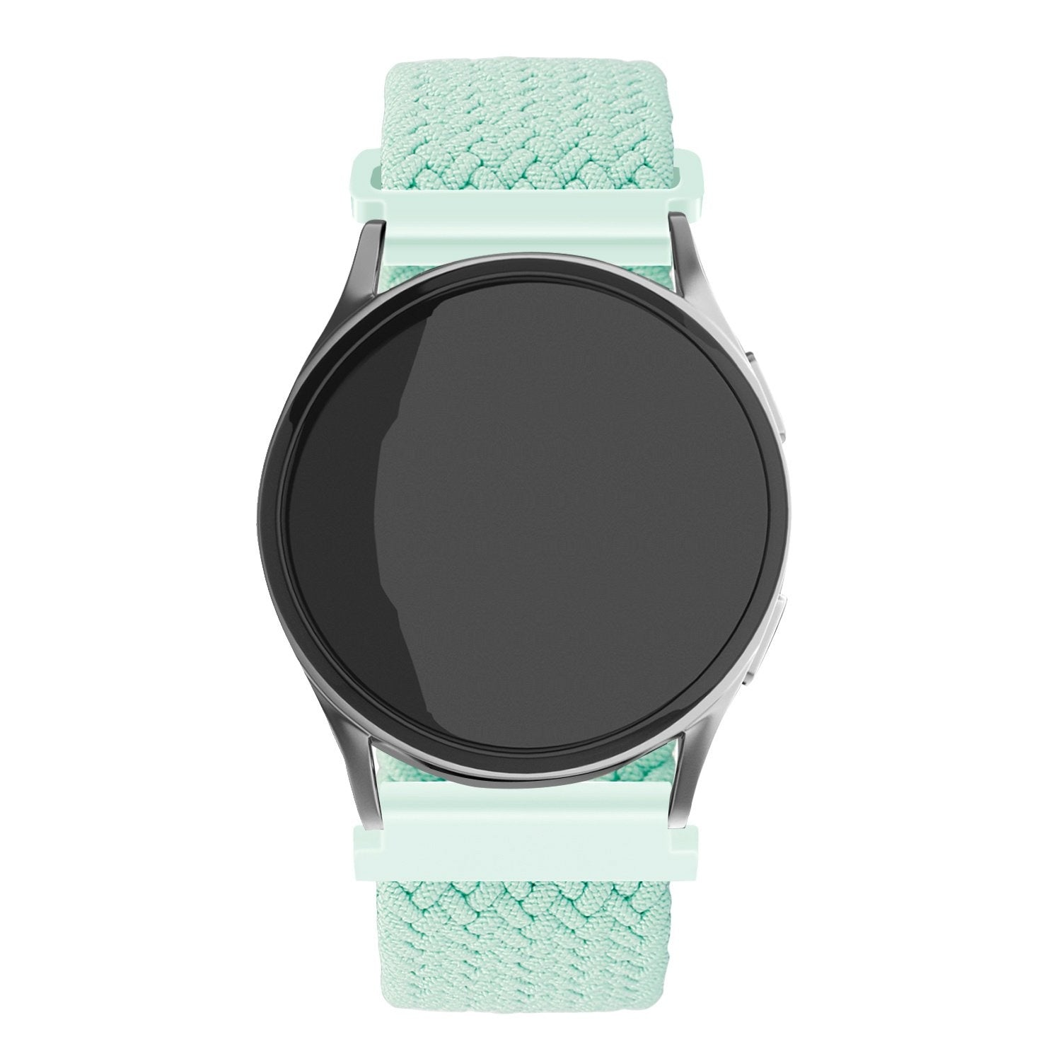 Eine runde Smartwatch mit schwarzem Bildschirm und hellgrünem Armband. Das Band ist mit silbernem Metall mit der Uhr verbunden.