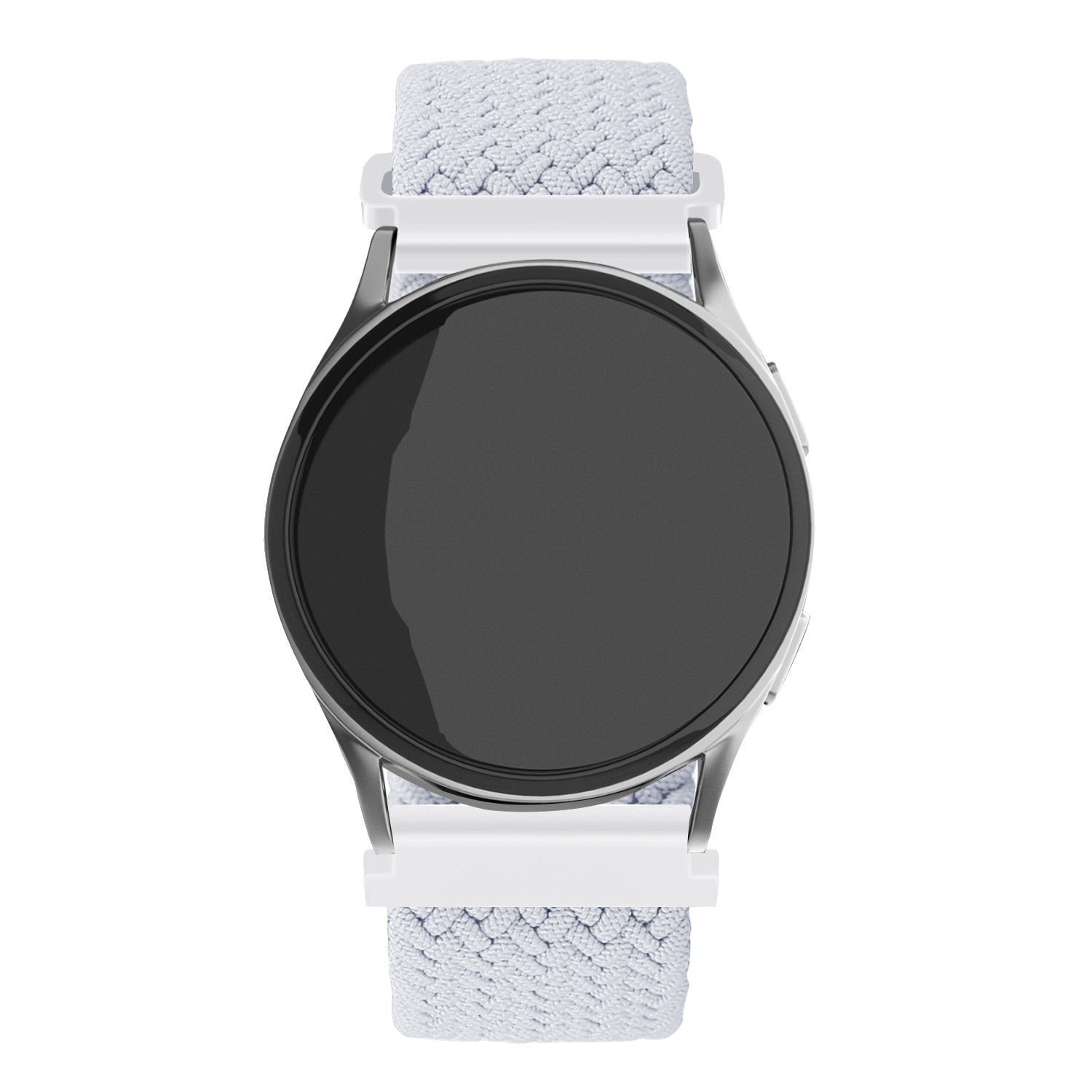 Eine silberne Smartwatch mit schwarzem Bildschirm und weißem Band. Das Band ist hellgrau strukturiert und hat einen weißen Verschluss.
