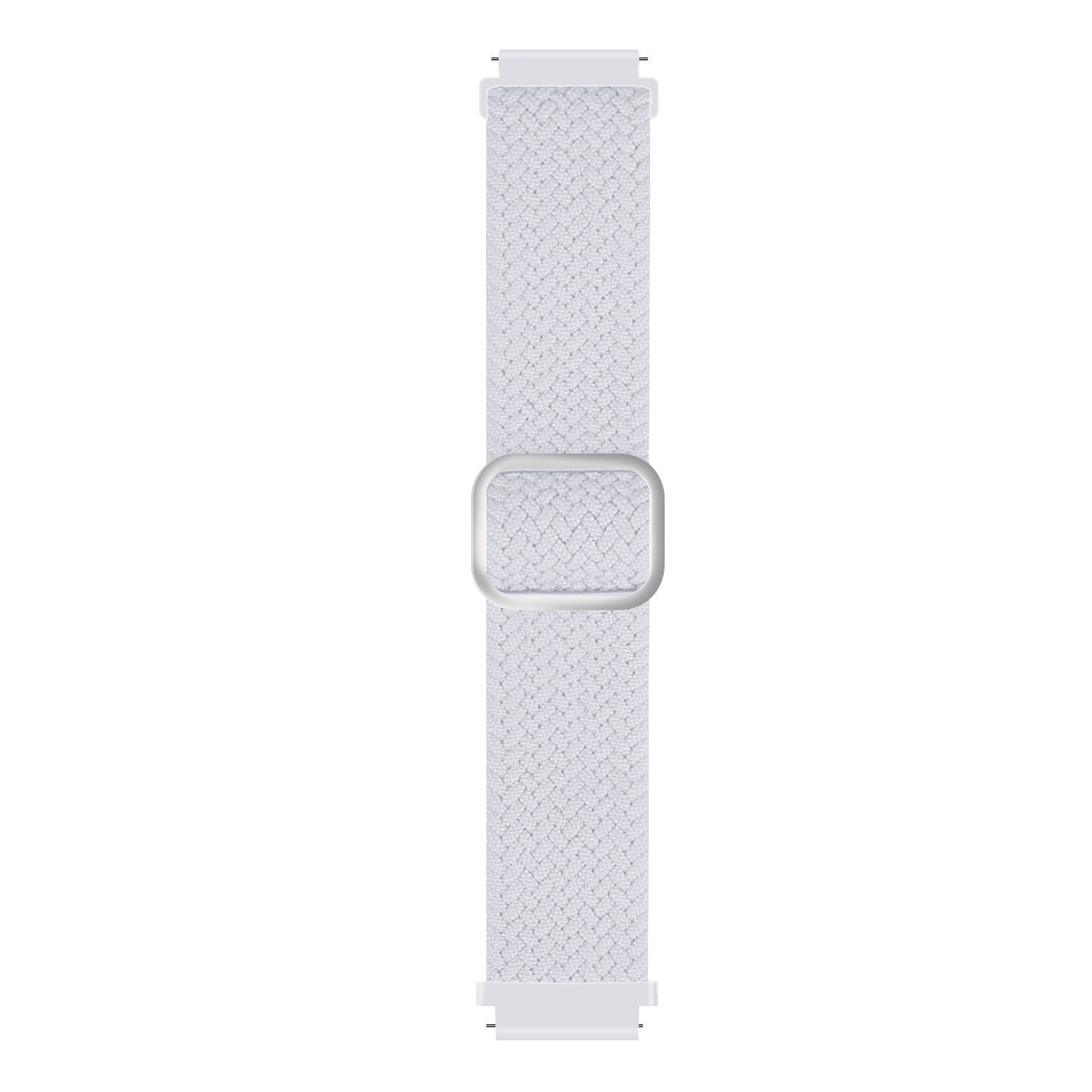 Ein weißes Smartwatch-Armband mit gewebter Textur. Es hat eine silberne Schnalle und Anschlüsse auf weißem Hintergrund.