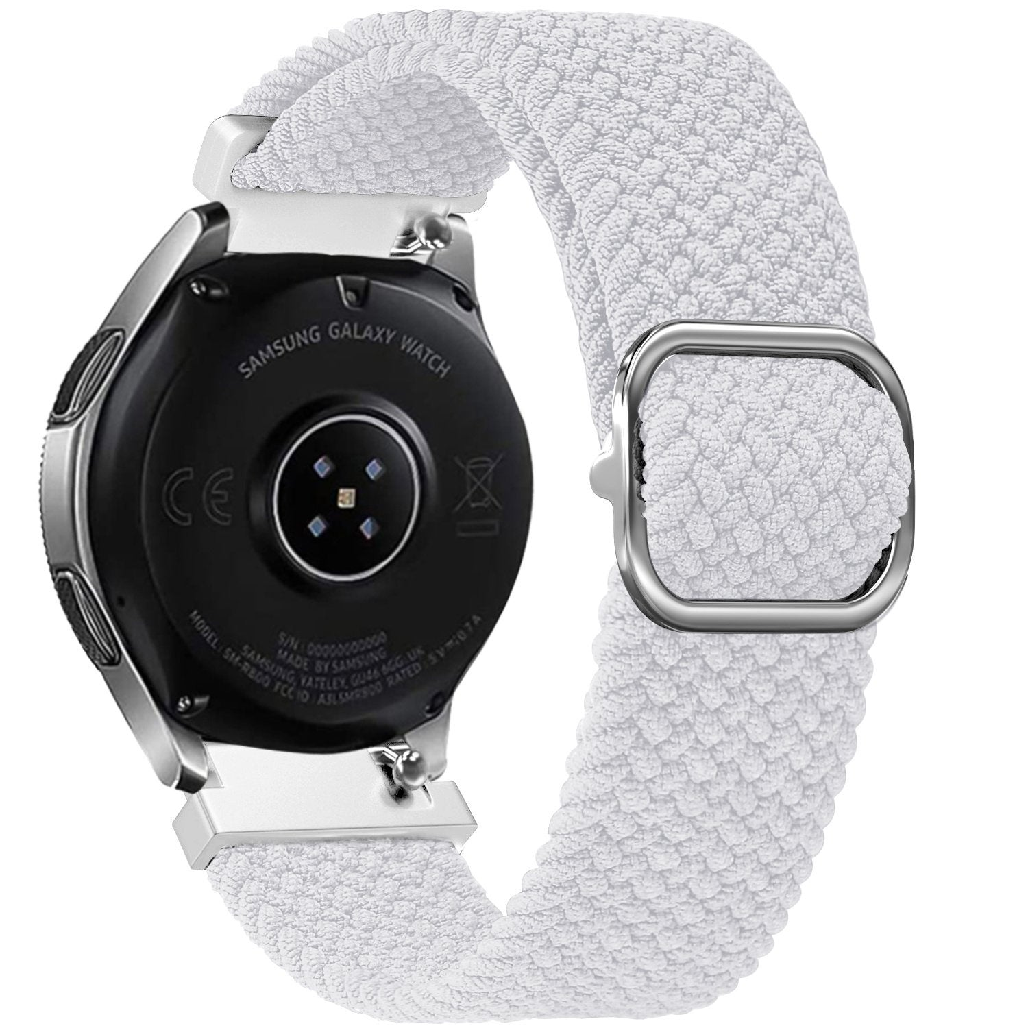 Samsung Galaxy Watch, silbernes Gehäuse, weißes geflochtenes Armband und silberne Schnalle. Die Rückseite der Uhr ist schwarz mit Details und Text.