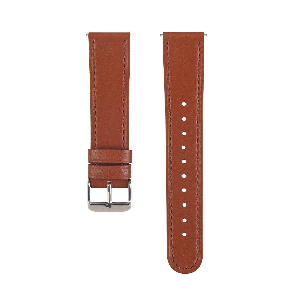 Zwei braune Lederarmbänder auf weißem Hintergrund. Eines hat eine silberne Schnalle, das andere Löcher zur Anpassung.