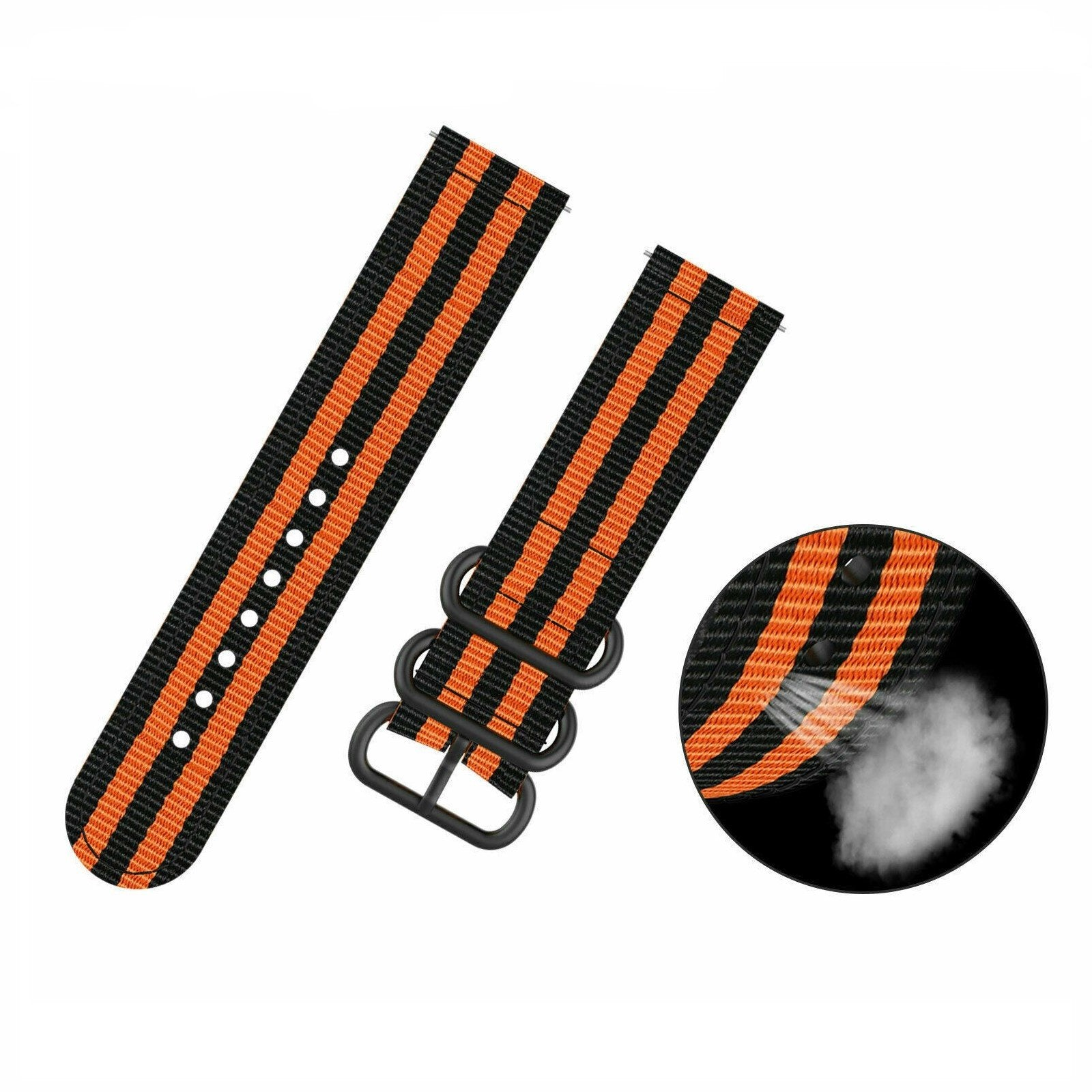 Armband mit schwarz-orangen Streifen. Es hat schwarze Metallringe. Eine Nahaufnahme zeigt die Atmungsaktivität.