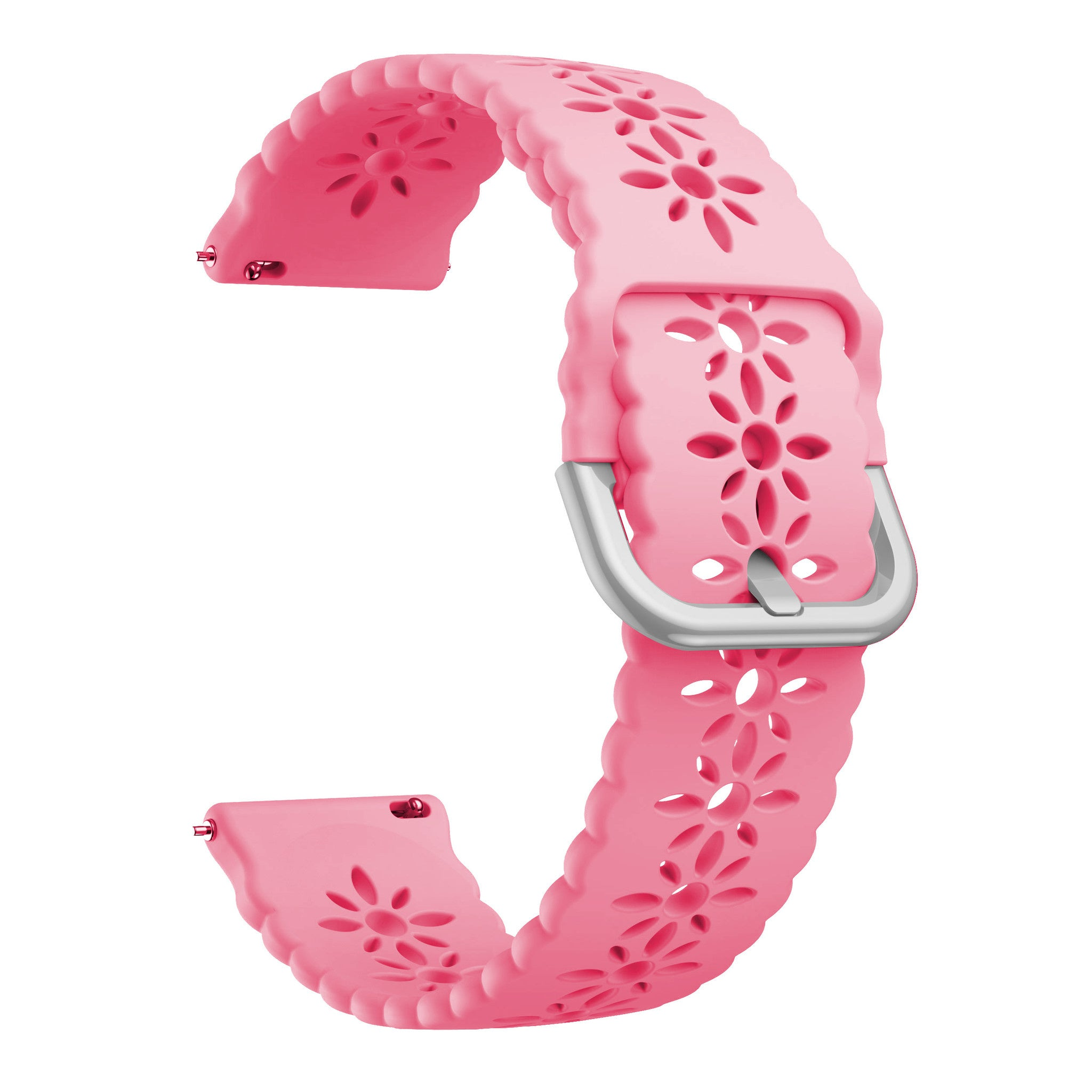 Rosa Uhrenarmband mit floralem Design. Es hat eine silberne Schnalle und wird vor weißem Hintergrund angezeigt.