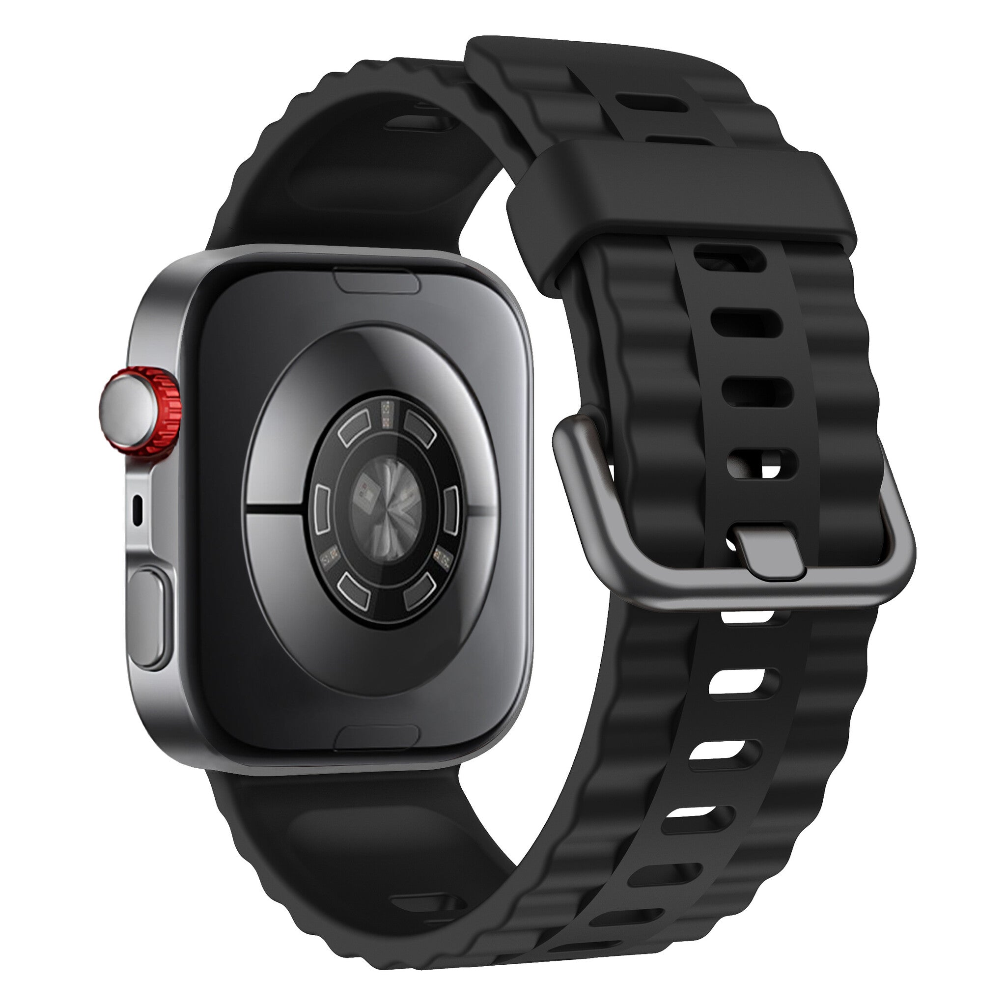 Eine schwarze Smartwatch mit schwarzem Armband. Die Uhr hat ein silbernes Gehäuse mit roter Taste. Das Armband ist gerippt und hat eine Schnalle.