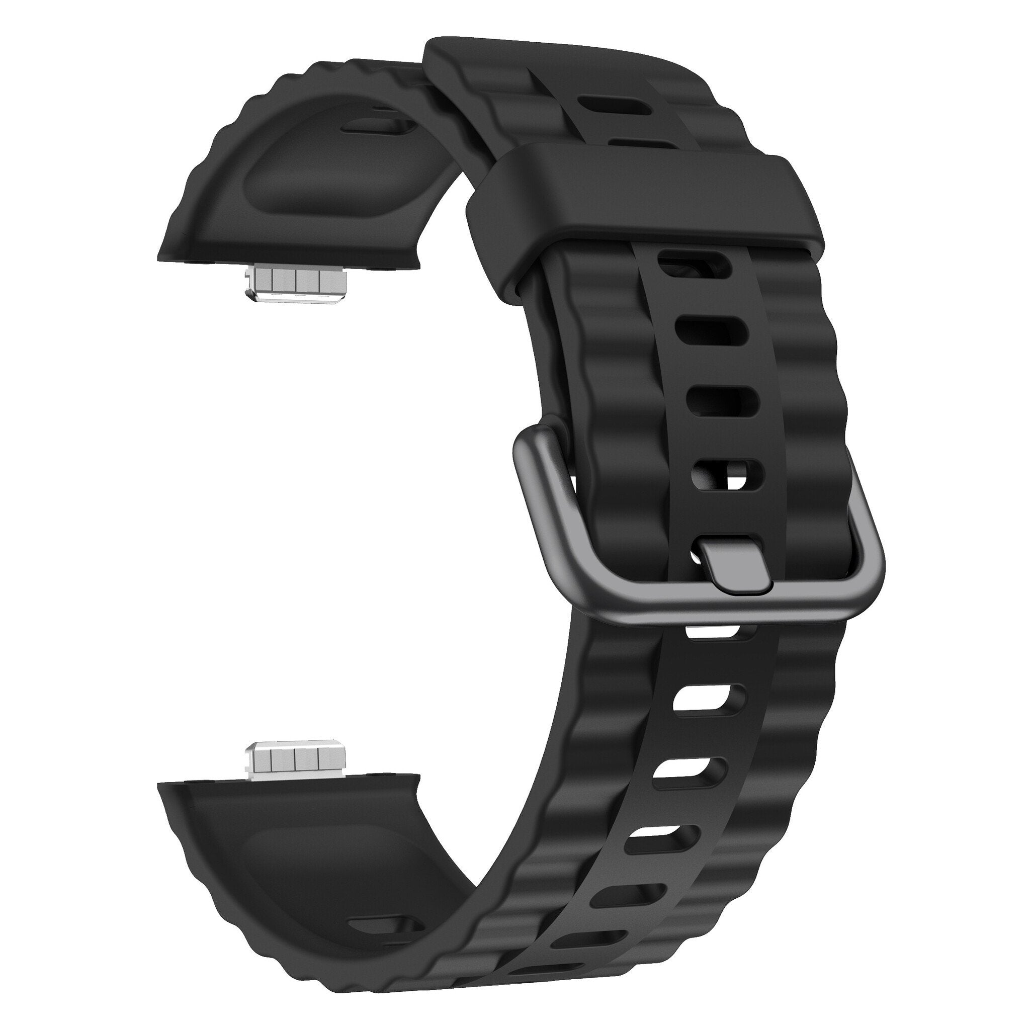 Ein schwarzes Armband mit strukturierter Oberfläche und silberner Schnalle. Das Band ist gebogen und für ein Handgelenk konzipiert.