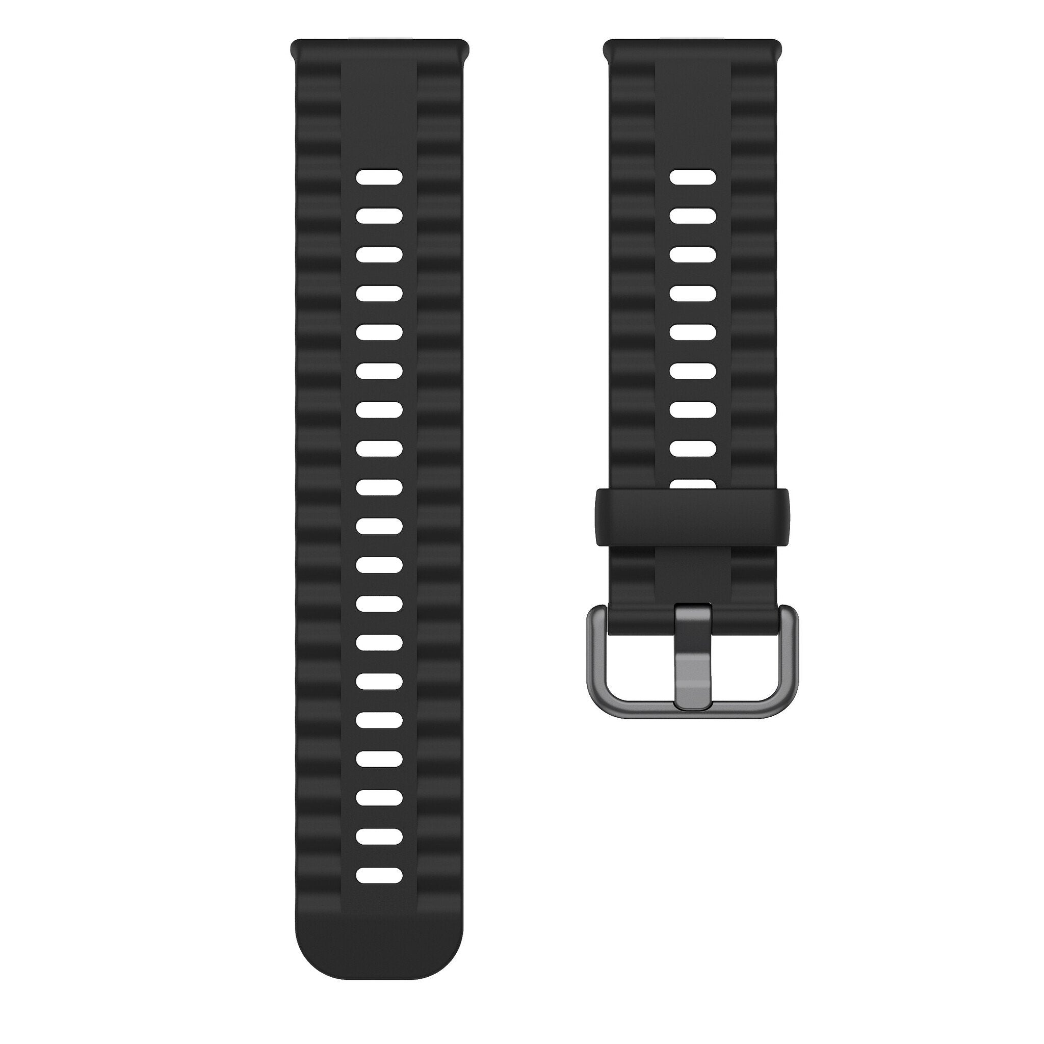 Zwei schwarze Uhrenarmbänder. Eines ist länger mit Löchern, das andere kürzer mit Schnalle.
