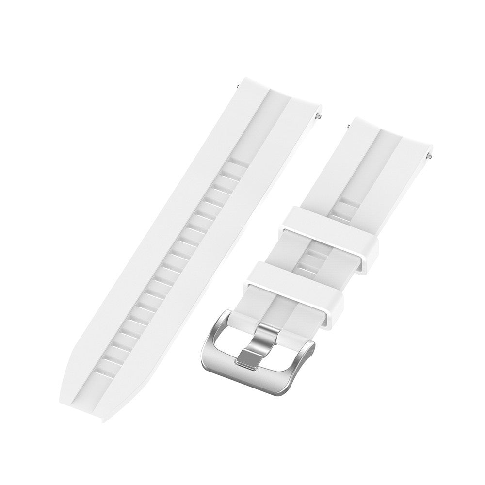 Weiße Uhrenarmbandteile auf weißem Hintergrund. Ein langes Stück, ein kürzeres mit Metallschnalle. Beide haben geripptes Design.