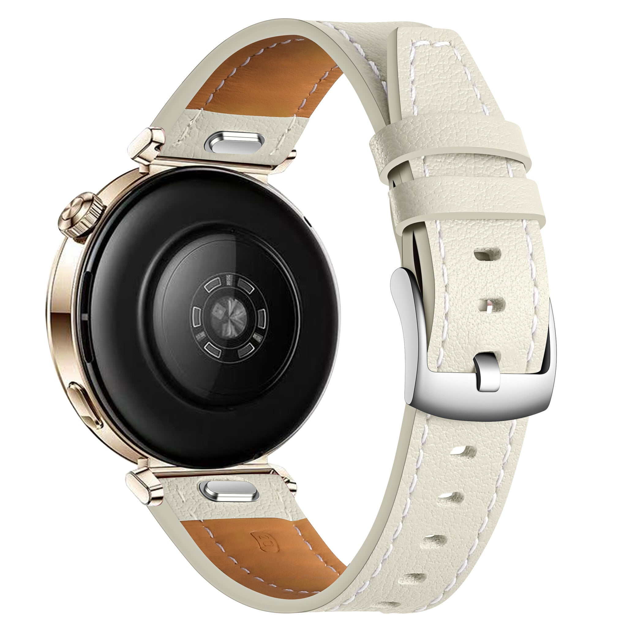 Nahaufnahme einer goldenen Smartwatch mit cremefarbenem Lederarmband. Die Rückseite ist schwarz mit Sensoren.
