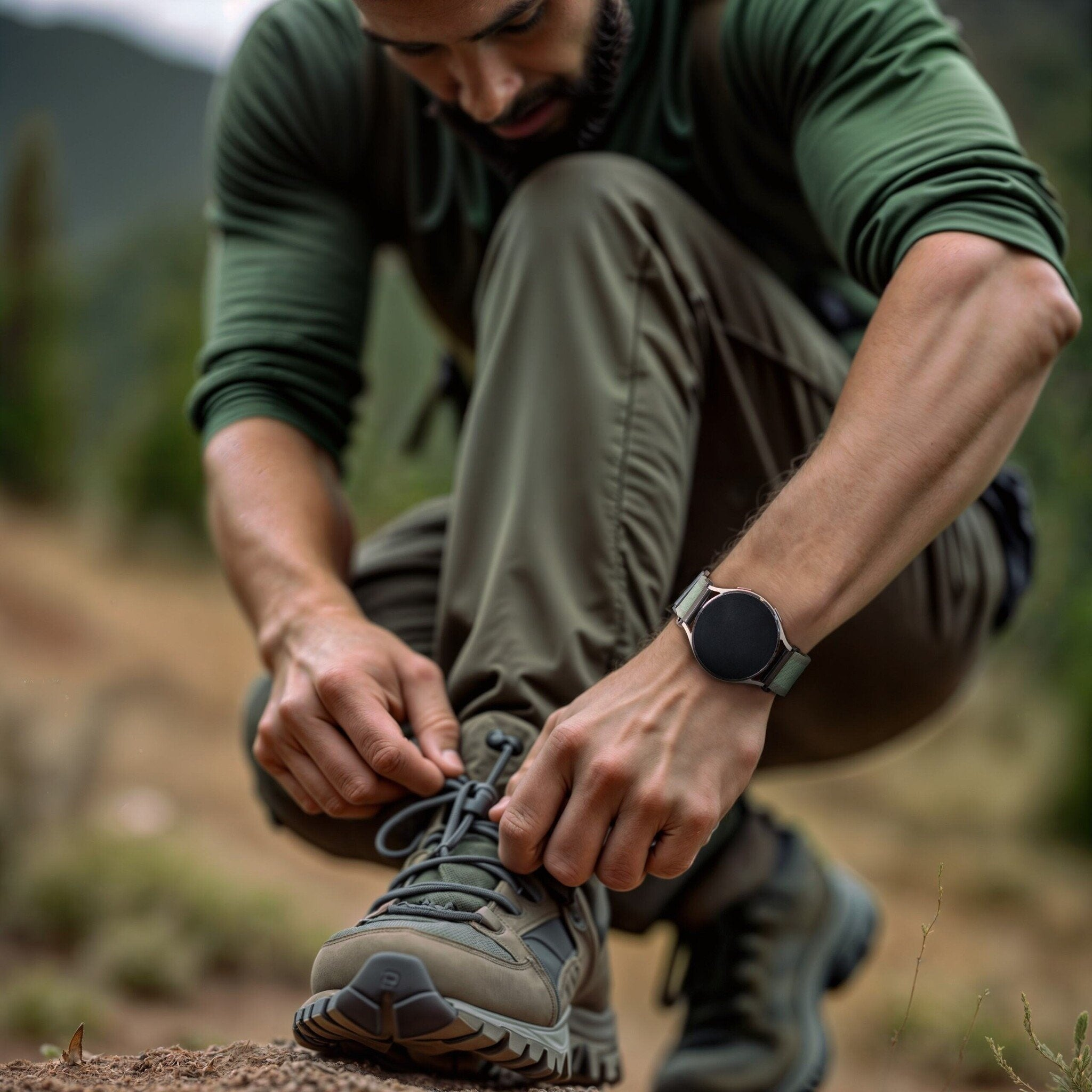 Mann in grüner Kleidung bindet im Freien die Schnürsenkel von Wanderschuhen. Er trägt eine Uhr. Hintergrund verschwommen.