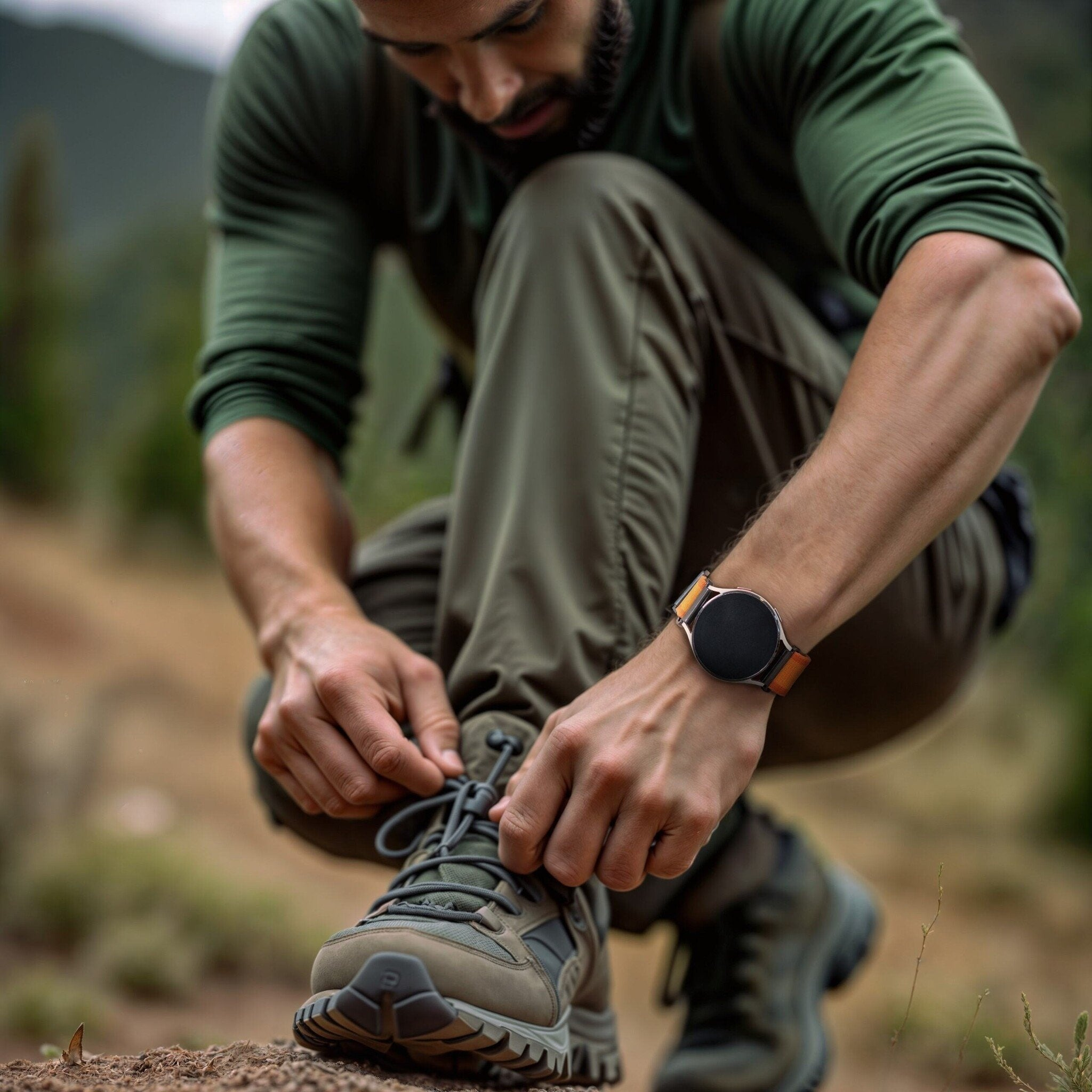 Ein Mann in grüner Kleidung kniet und bindet seinen Schuh. Er trägt eine Uhr. Der Hintergrund ist verschwommen mit Grün und einem Berg.