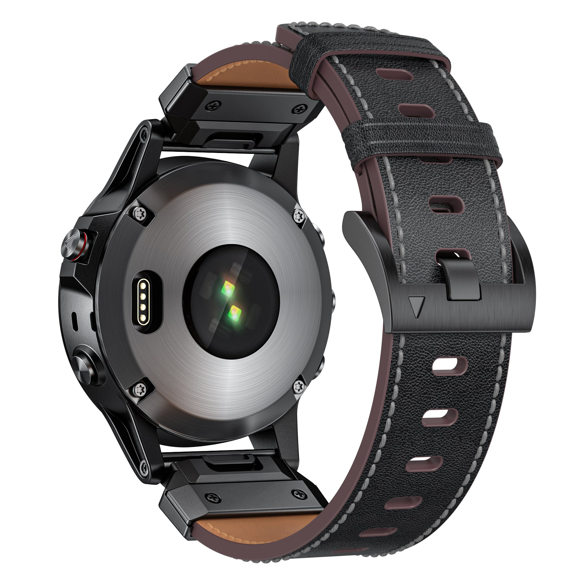 Nahaufnahme einer schwarzen Smartwatch mit Lederarmband. Die Rückseite der Uhr hat einen Sensor. Das Armband ist schwarz mit braunen Rändern.