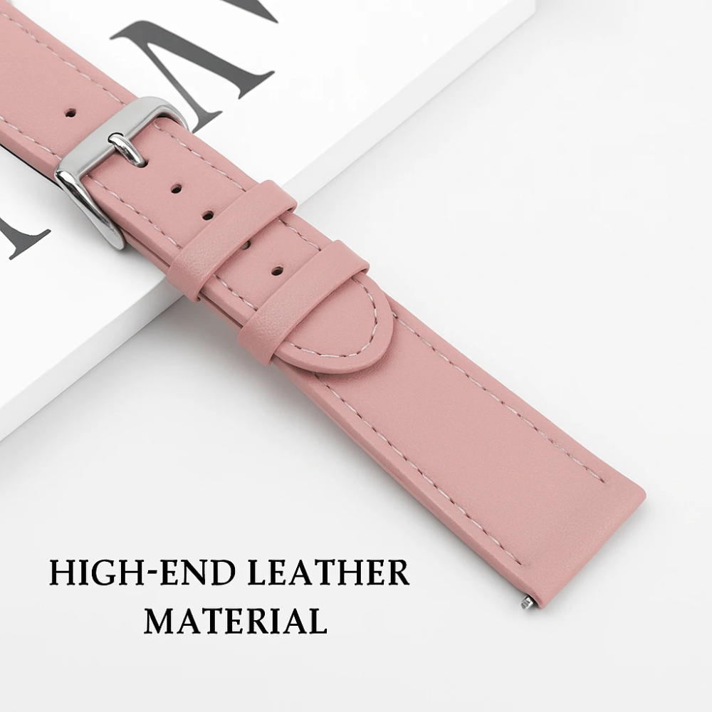 Rosa Leder-Uhrenarmband mit silberner Schnalle. Weiße Nähte und ein weißer Hintergrund. Text: Hochwertiges Ledermaterial.