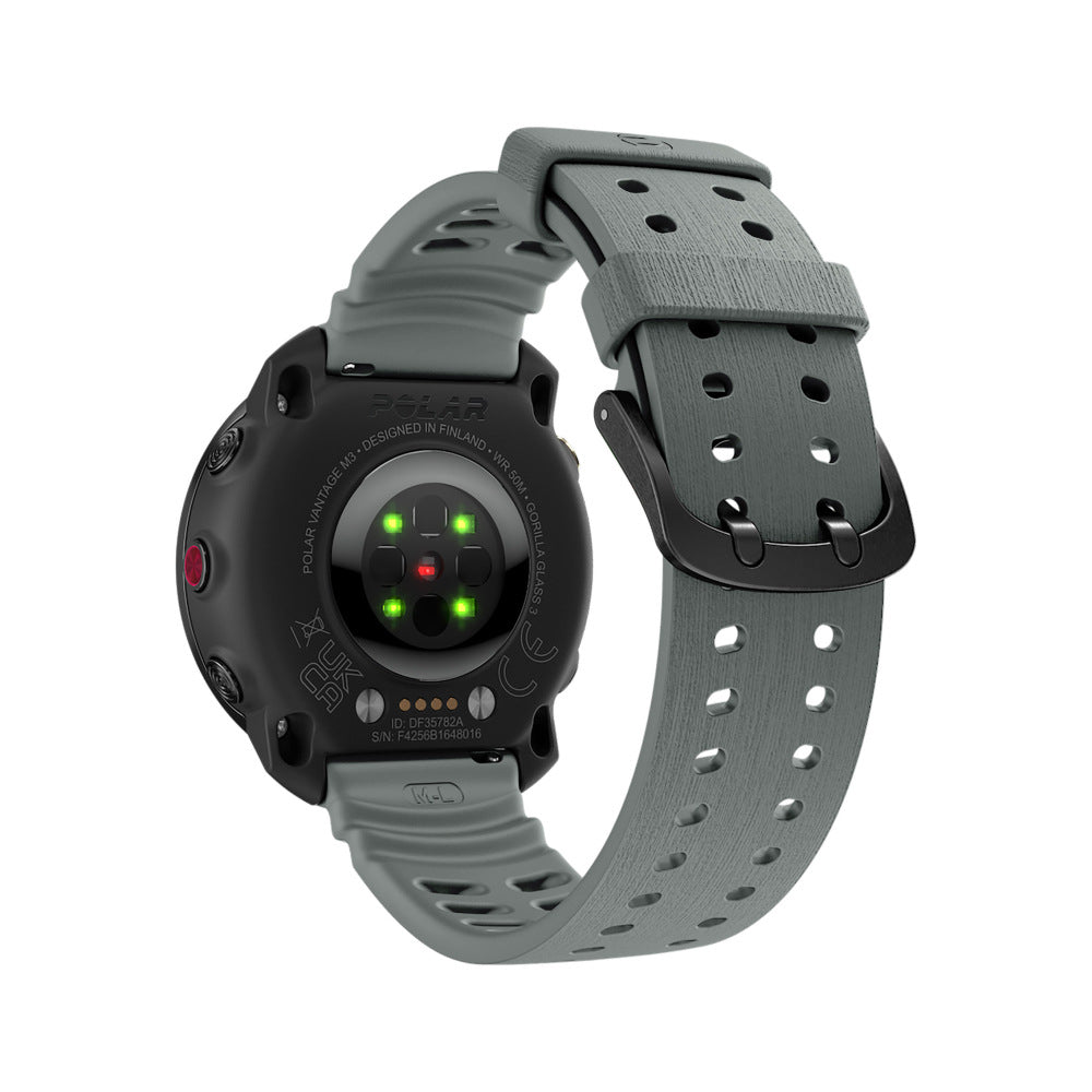 Eine Polar Vantage M3 Smartwatch, graues Armband, schwarzes Zifferblatt. Details umfassen das Polar-Logo und die Spezifikationen.