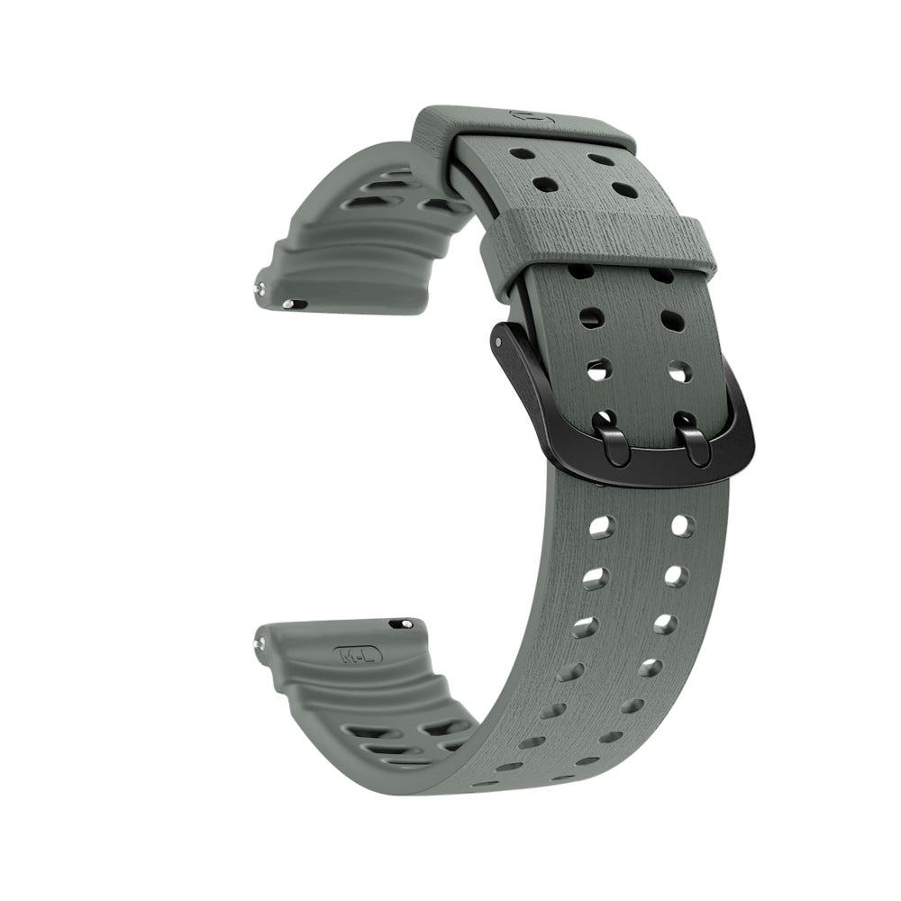 Graues Uhrenarmband mit schwarzer Schnalle. Das Armband hat mehrere Löcher zur Verstellung und befindet sich vor weißem Hintergrund.