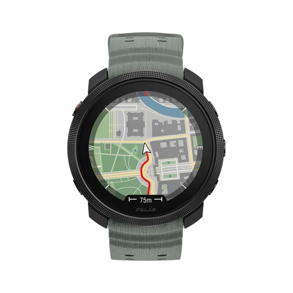 Eine Polar-Uhr, die eine Karte mit einer roten Route anzeigt. Die Uhr hat eine schwarze Lünette und ein grünes Armband. Der Bildschirm zeigt eine Karte.