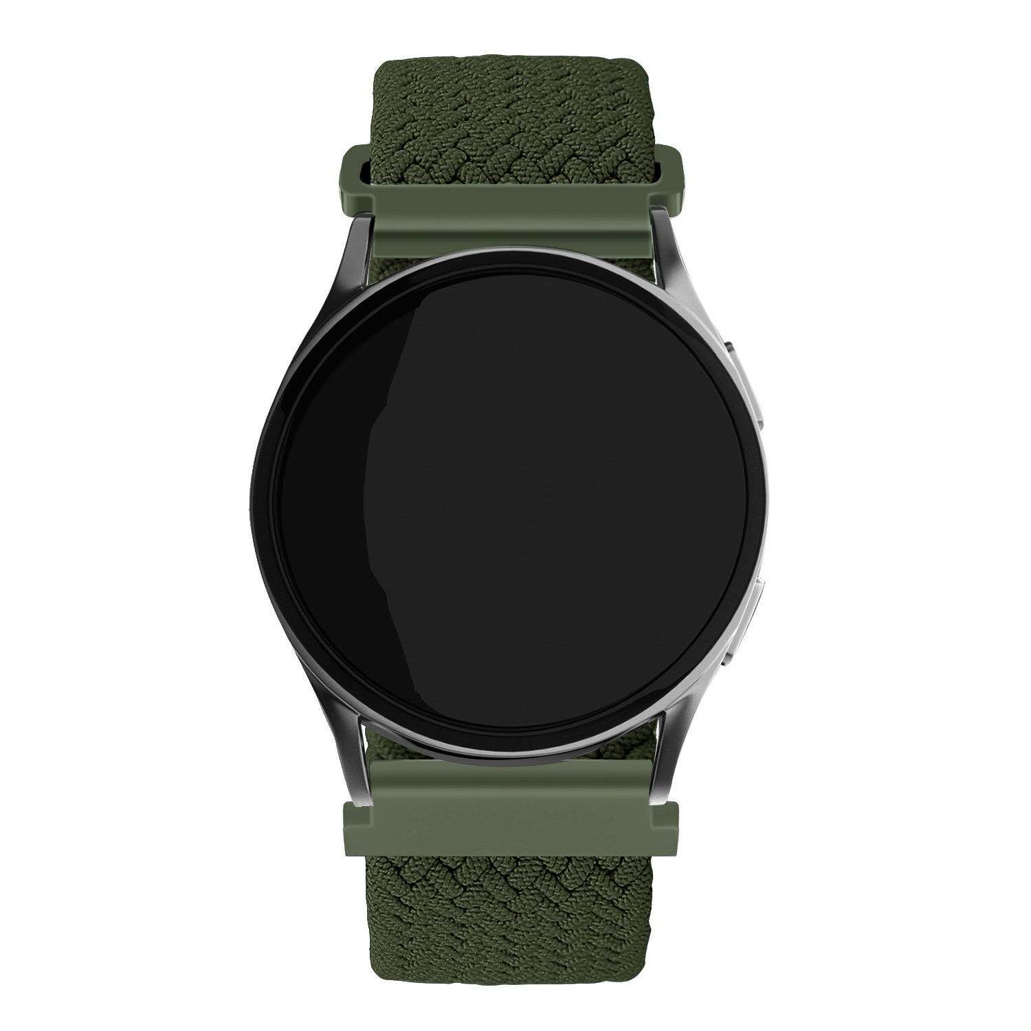Eine Smartwatch mit schwarzem Bildschirm und grünem Armband. Das Armband besteht aus einem strukturierten, gewebten Material. Das Uhrengehäuse ist silberfarben.