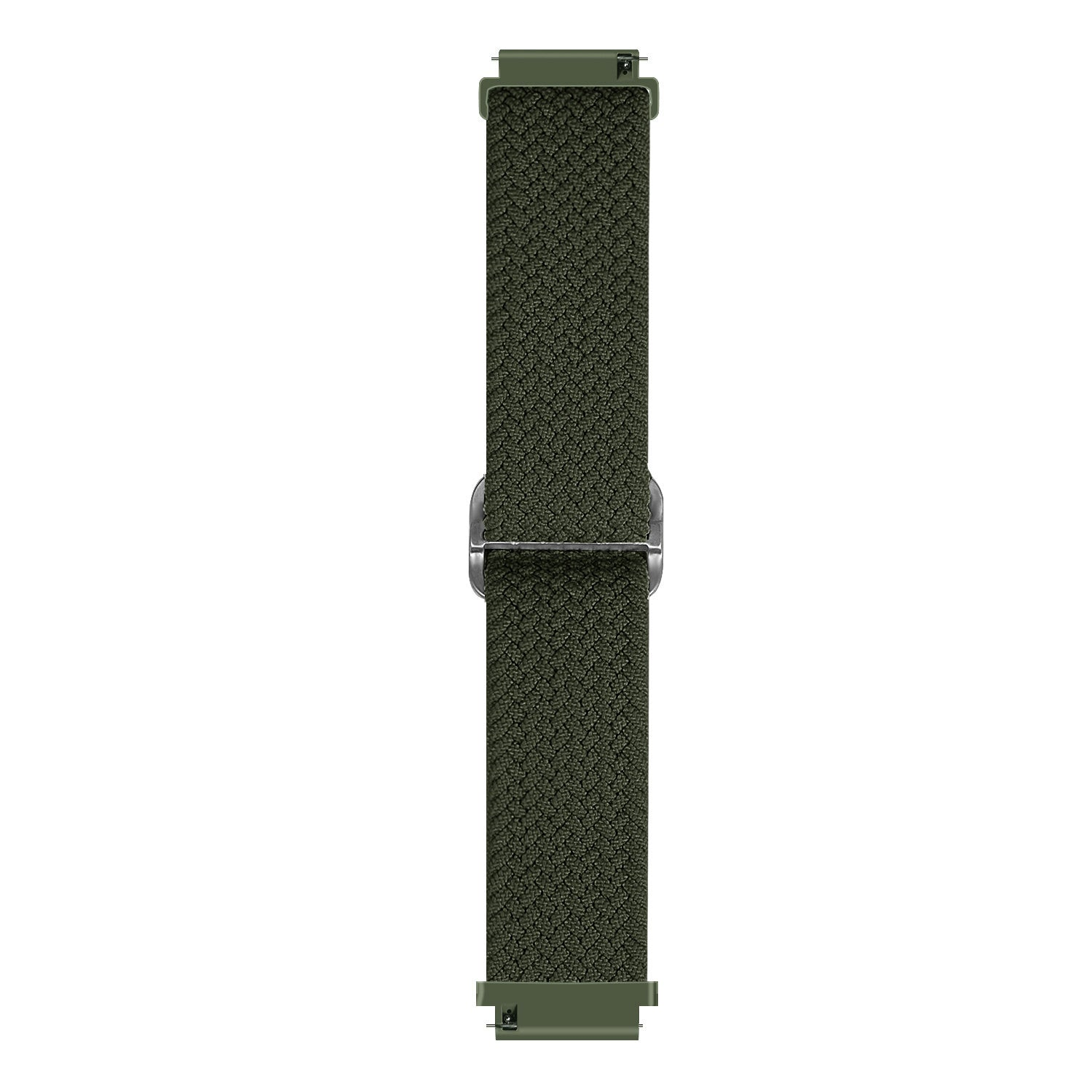 Ein olivgrünes Uhrenarmband, vertikal ausgerichtet, mit strukturiertem Gewebe. Es hat eine silberfarbene Schnalle und Verbinder.