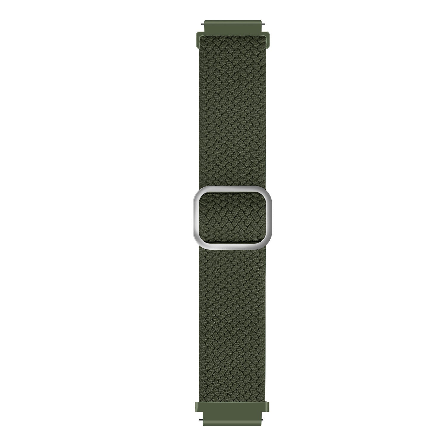 Ein olivgrünes Uhrenarmband mit silberner Schnalle. Das Band besteht aus gewebtem Material und befindet sich vor weißem Hintergrund.