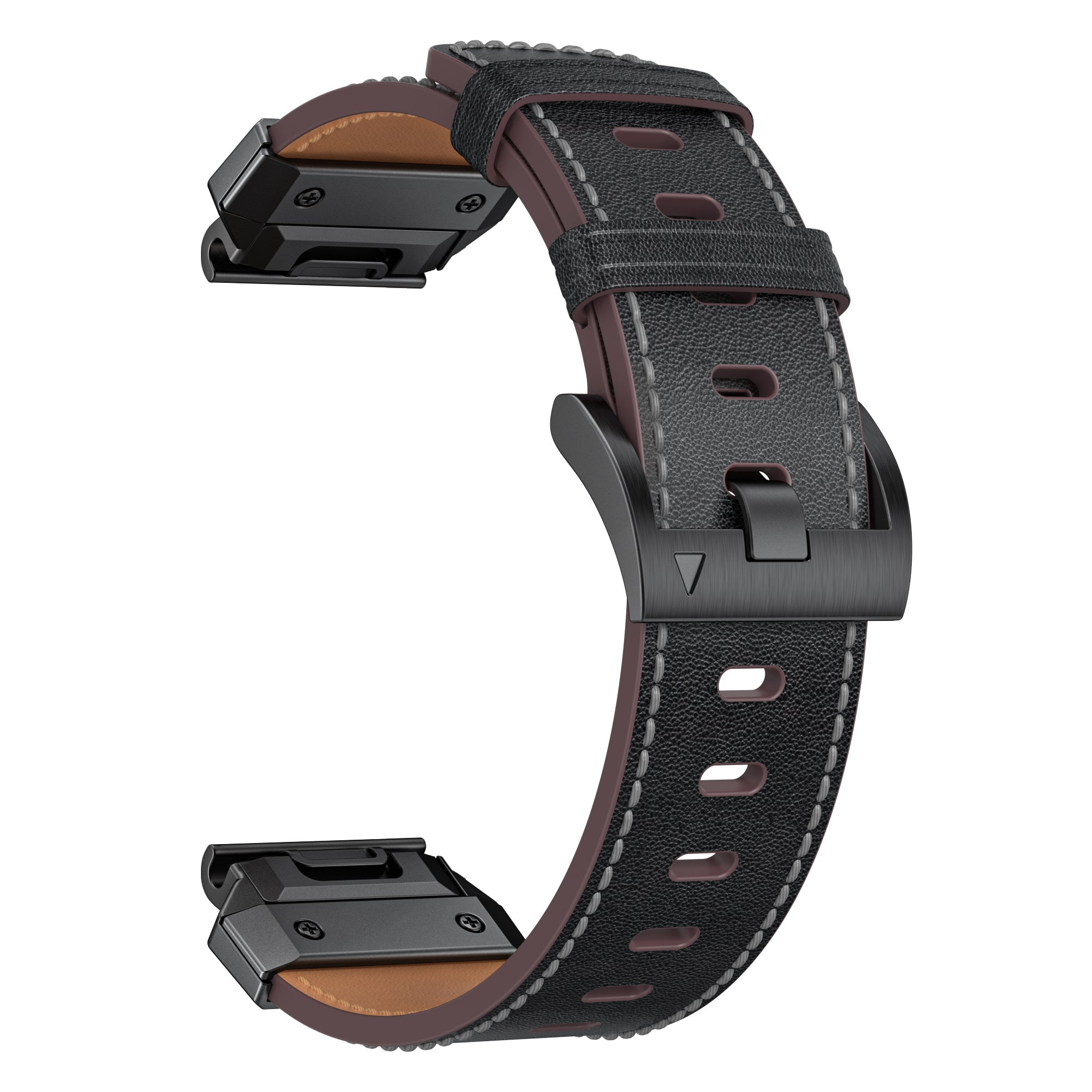 Schwarzes Lederarmband mit braunem Innenraum und grauen Nähten. Verfügt über eine schwarze Schnalle und Hardware.