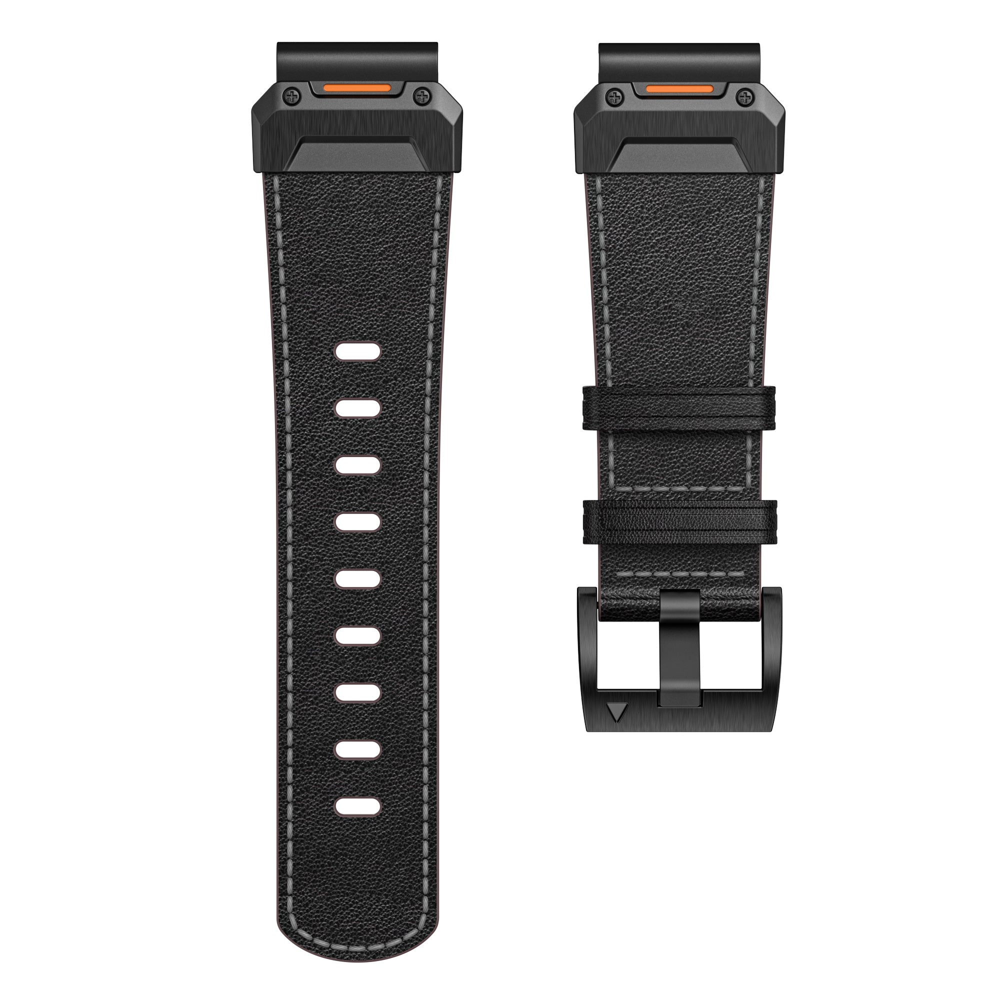 Zwei schwarze Uhrenarmbänder auf weißem Hintergrund. Ein Armband hat Löcher, das andere eine Schnalle. Beide haben orangefarbene Akzente.